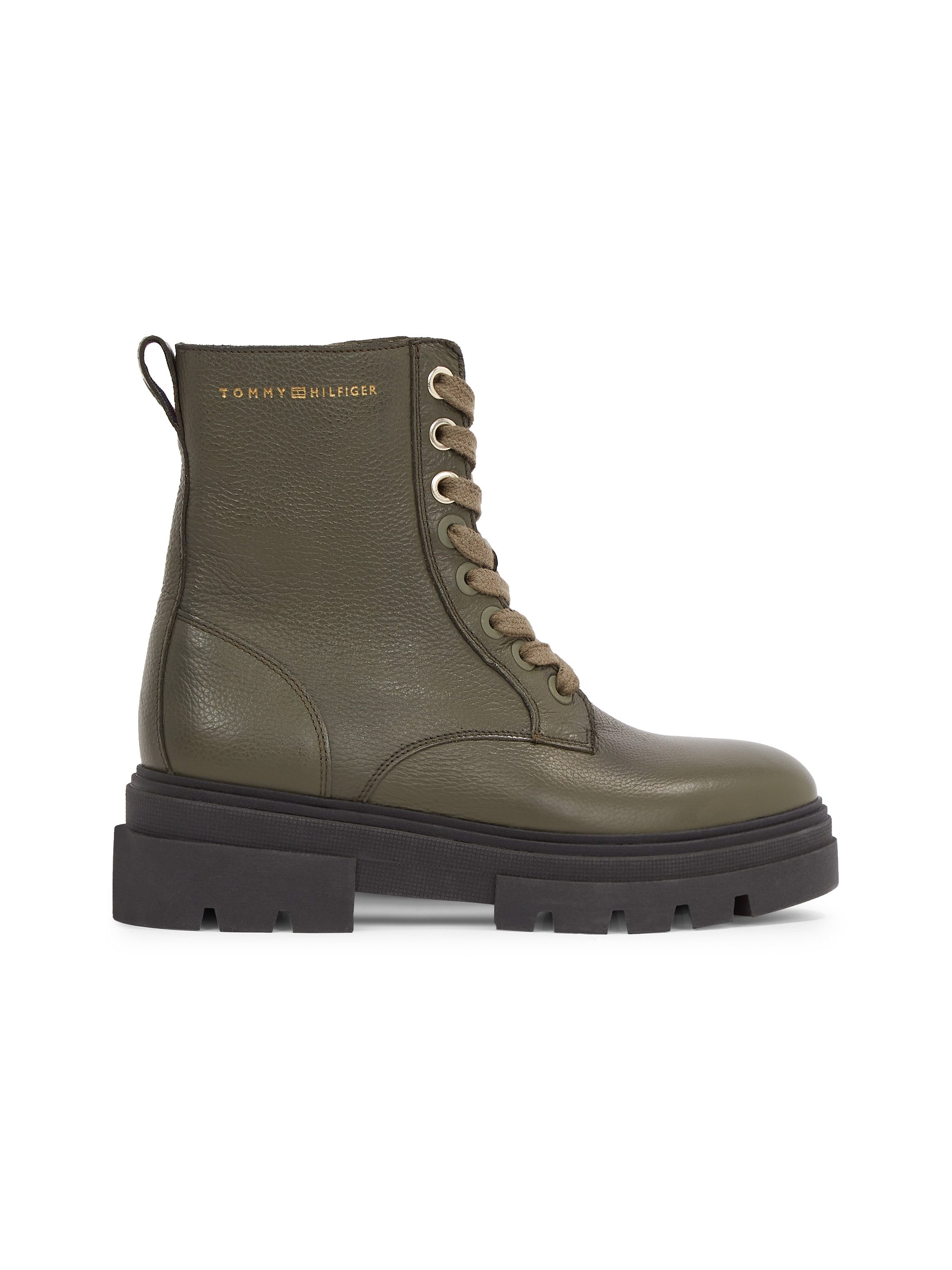 Tommy Hilfiger Veterschoenen BICOLOR LEATHER LACE-UP , plateau, veterschoenen, chunky boots, goudkleurige logo tekst