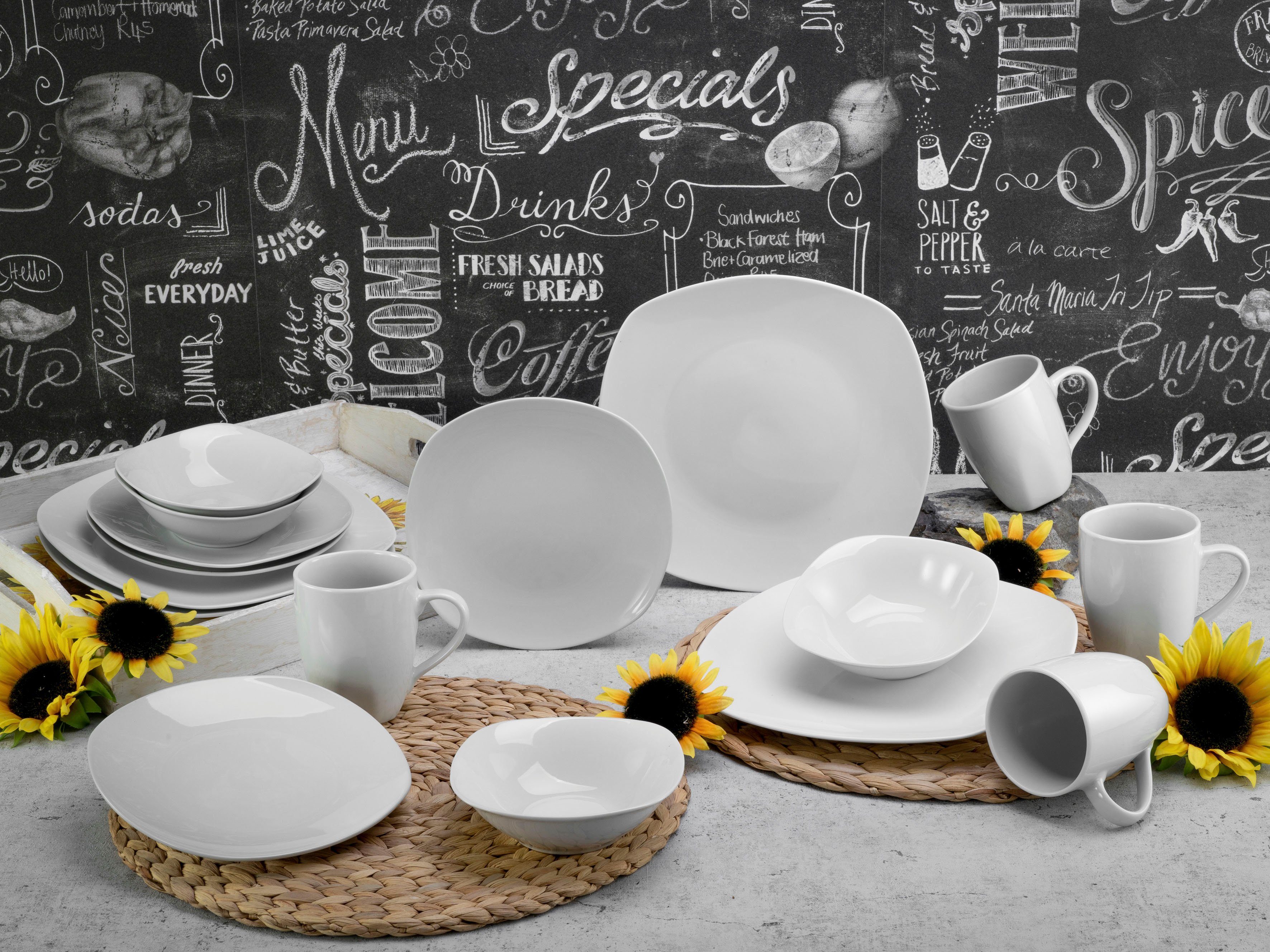 CreaTable Combi-servies Servies-set Square Servies, wit, 16 delen, voor 4 personen (set, 16-delig)
