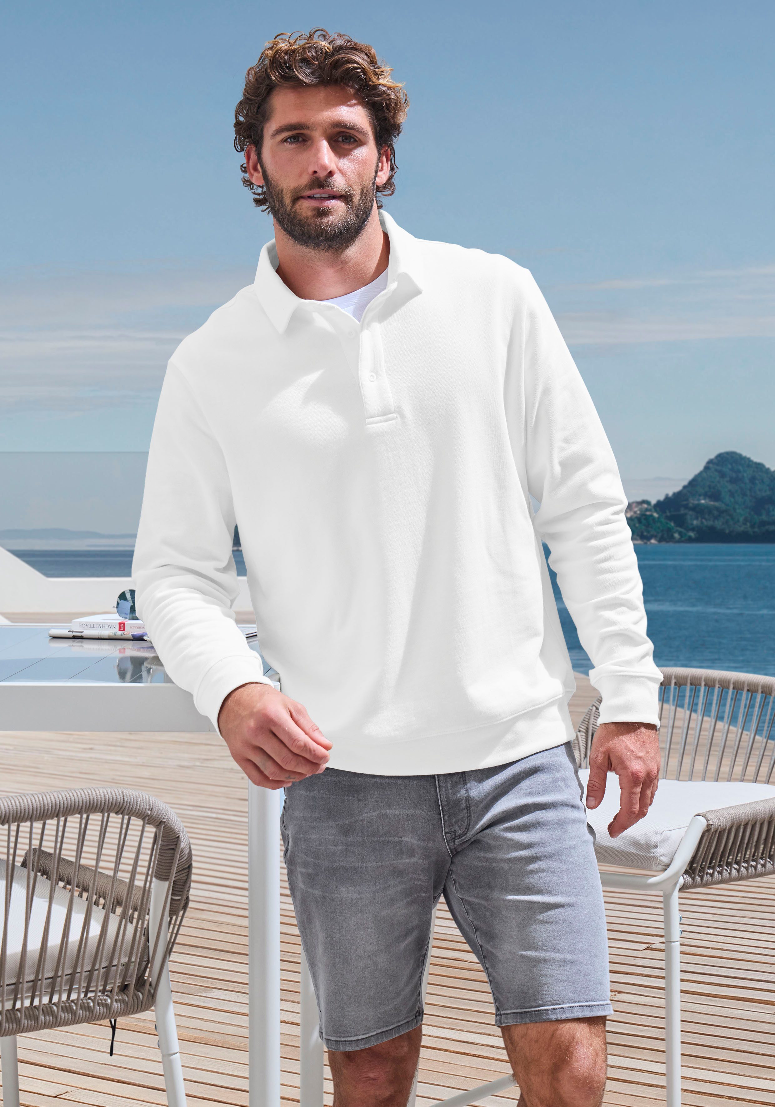 John Devin Sweatshirt Lange mouwen, sweatshirt met polokraag, katoenmix