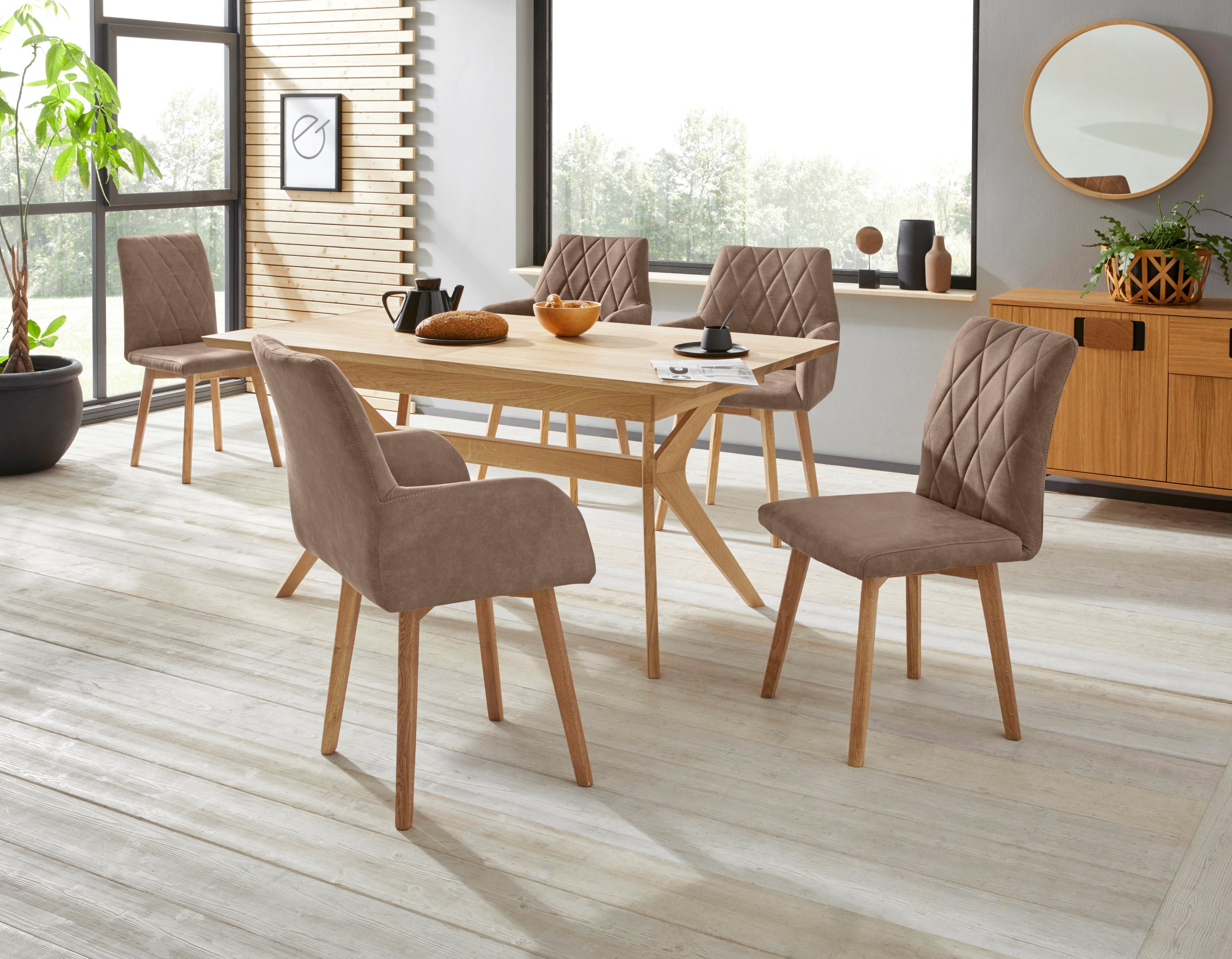 Home affaire Eetkamerstoel Brest Fauteuil in leer of microvezel, geolied massief eiken frame (2 stuks)