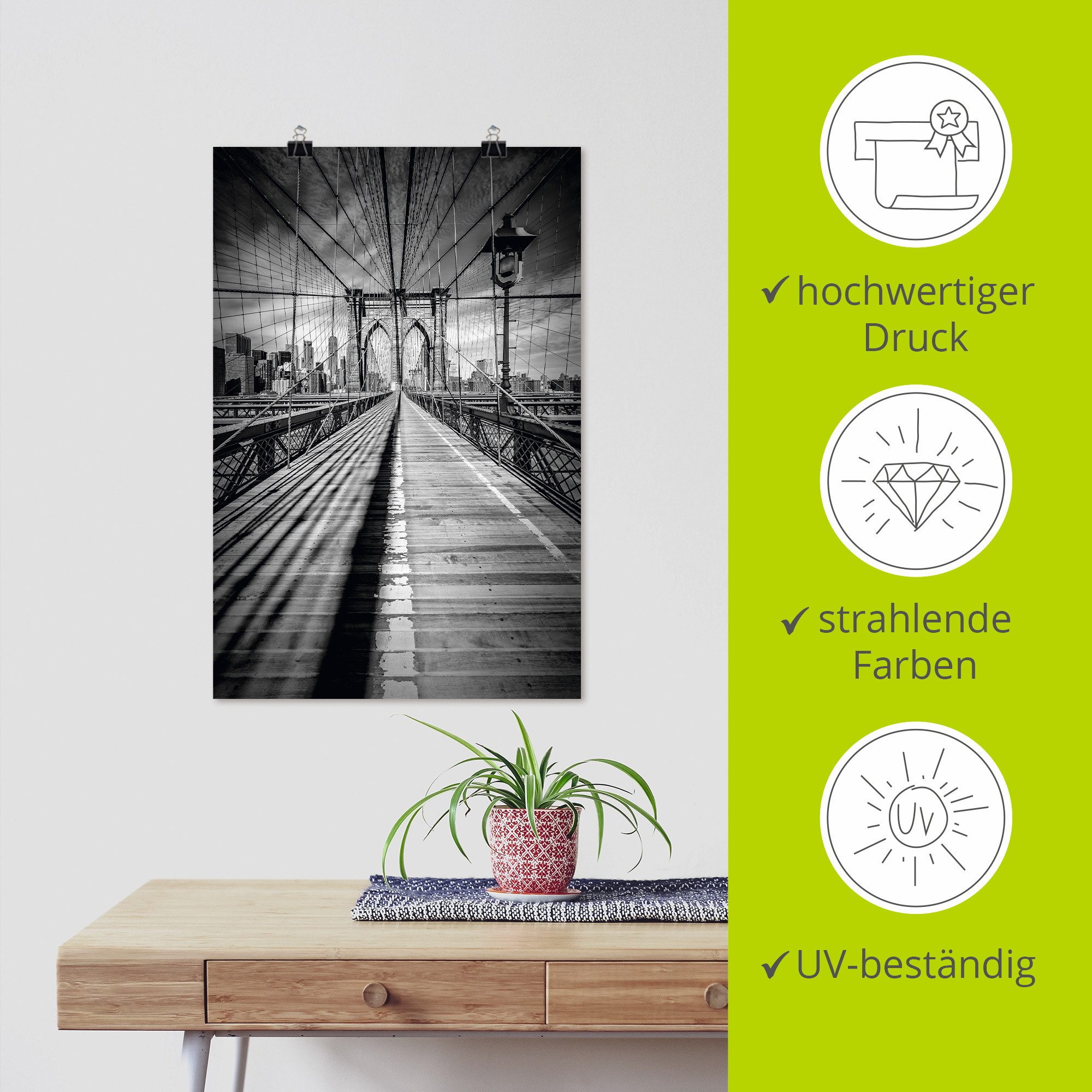 Artland Artprint Brooklyn Bridge, New York City monochroom als artprint op linnen, poster in verschillende formaten maten