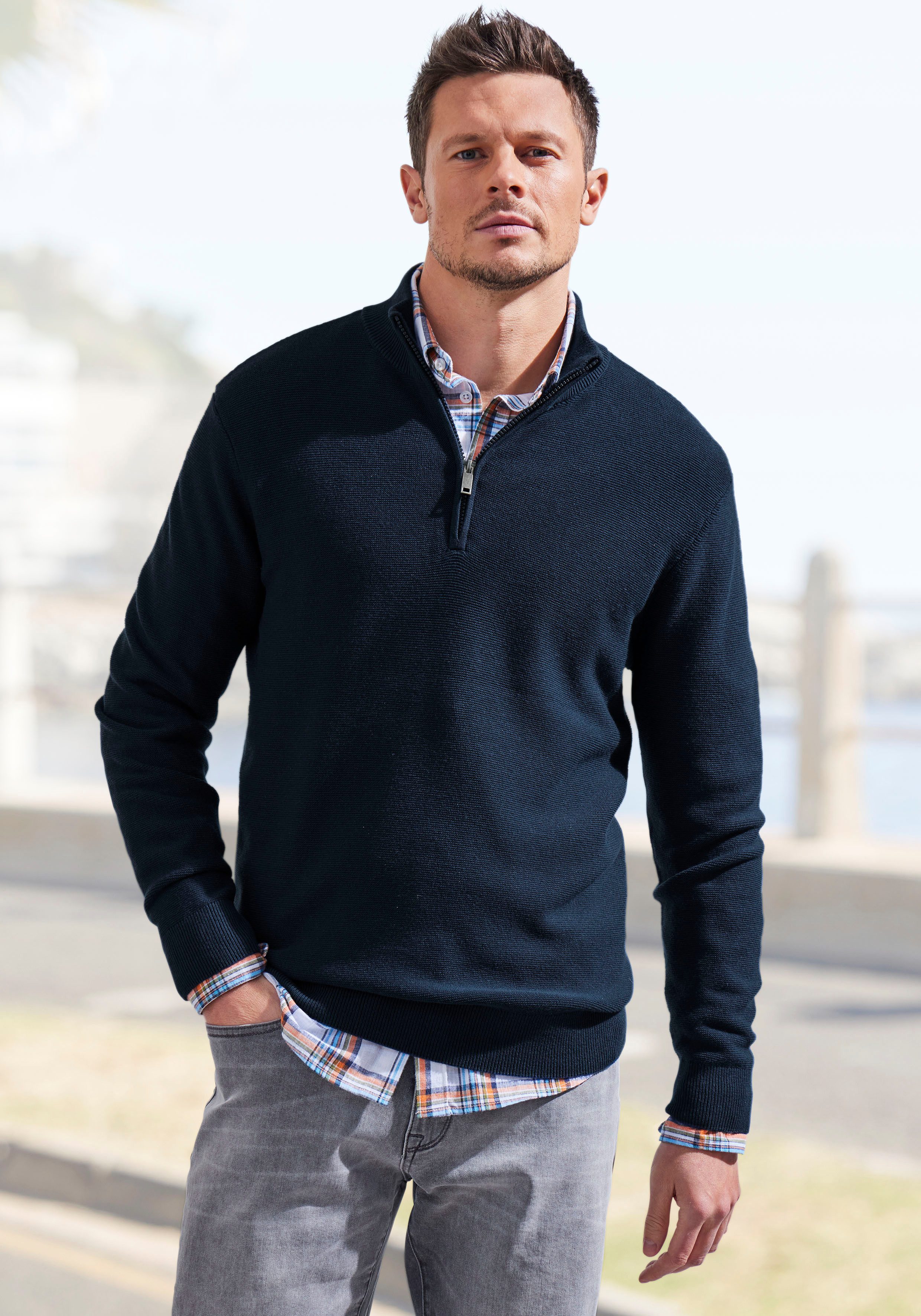 AUTHENTIC LE JOGGER Schipperstrui Pullover met opstaande kraag en rits heren pullovers maat XL (56/58) blauw