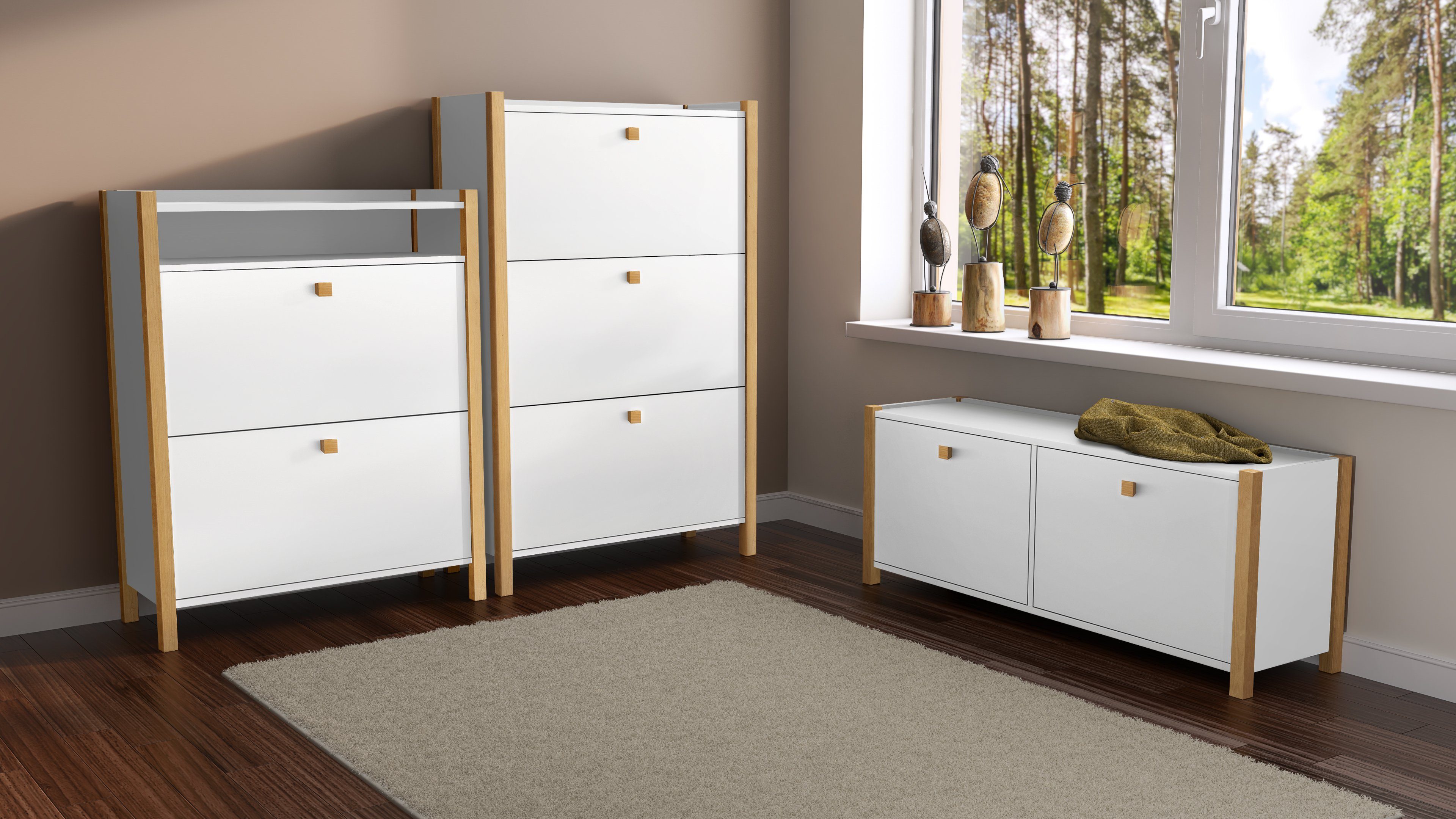 andas Schoenenbank in scandinavisch design, houtfineer van eiken halbankjes wit
