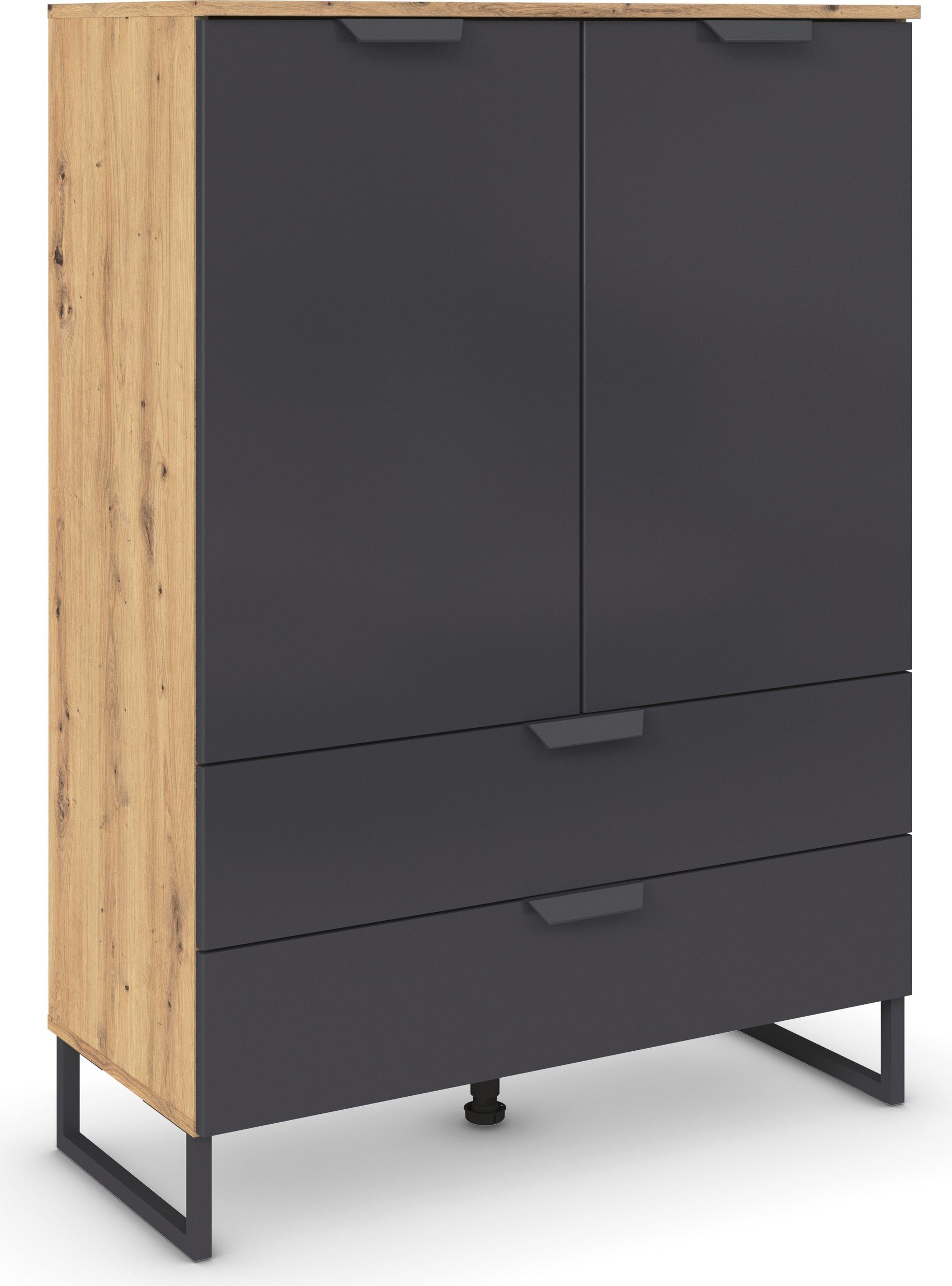 rauch Hoge kast Dark&Wood by Aditio in industriële stijl met beugelpoot, 2 laden met soft-closefunctie commodes & ladekasten grijs