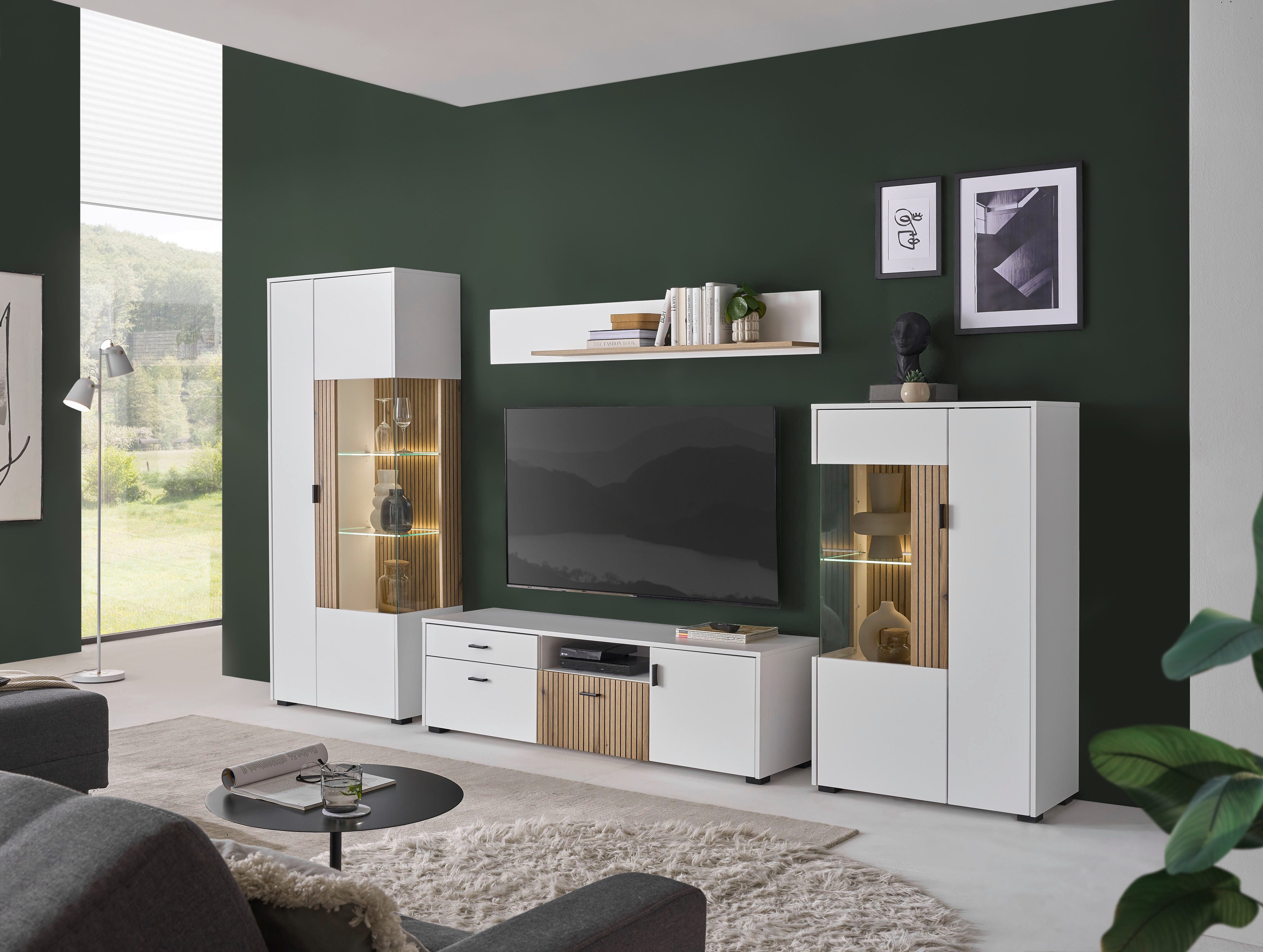 INOSIGN Wandmeubel Hudson met moderne groevenlook, handgrepen van metaal (zwart), breedte 320 cm (set, 4-delig)