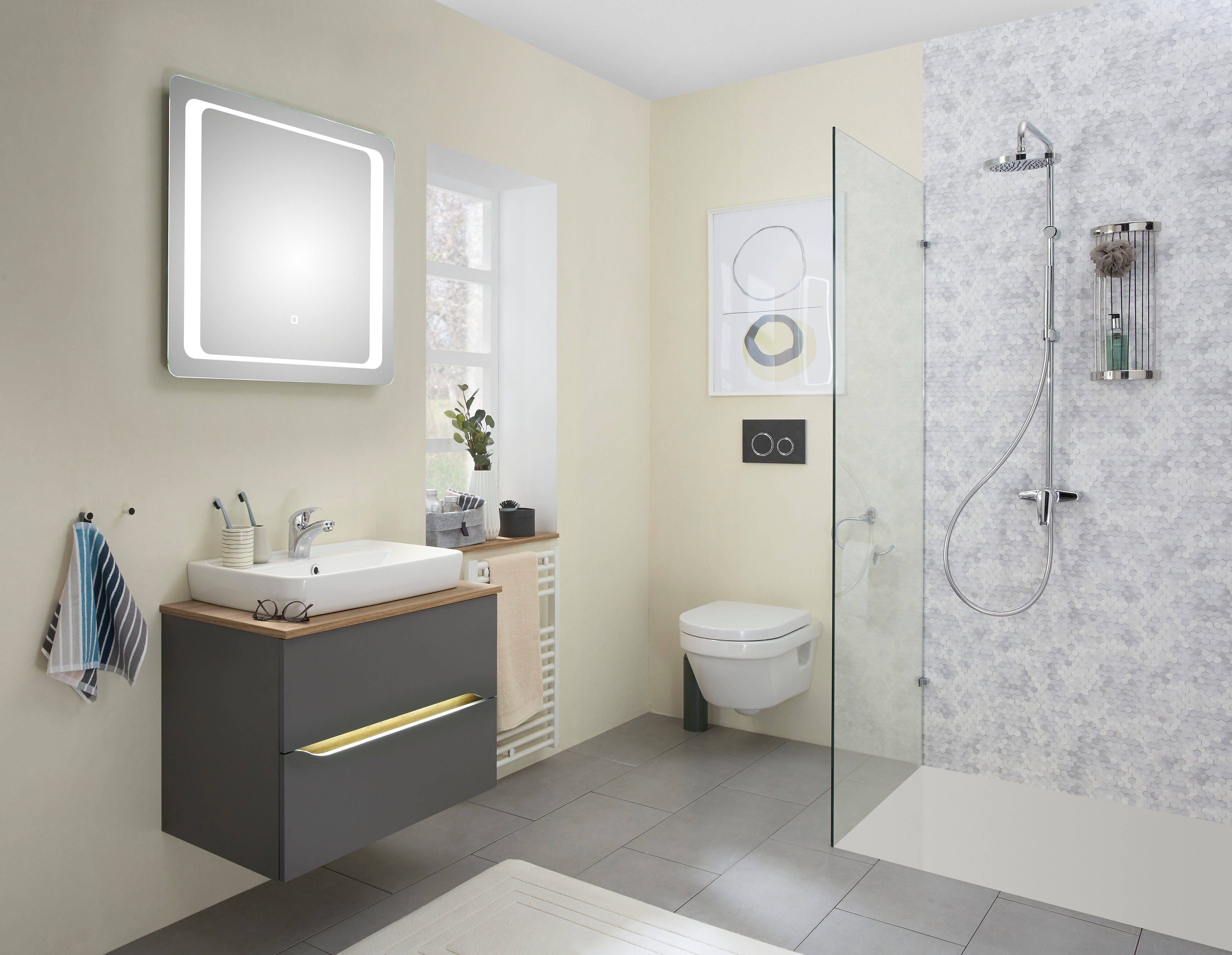 Saphir Badkamerserie Quickset 2-delig, keramieken opzetwasbak met led-spiegel Wastafelmeubel 73 cm breed, inclusief deurdemper, 2 laden (5-delig)