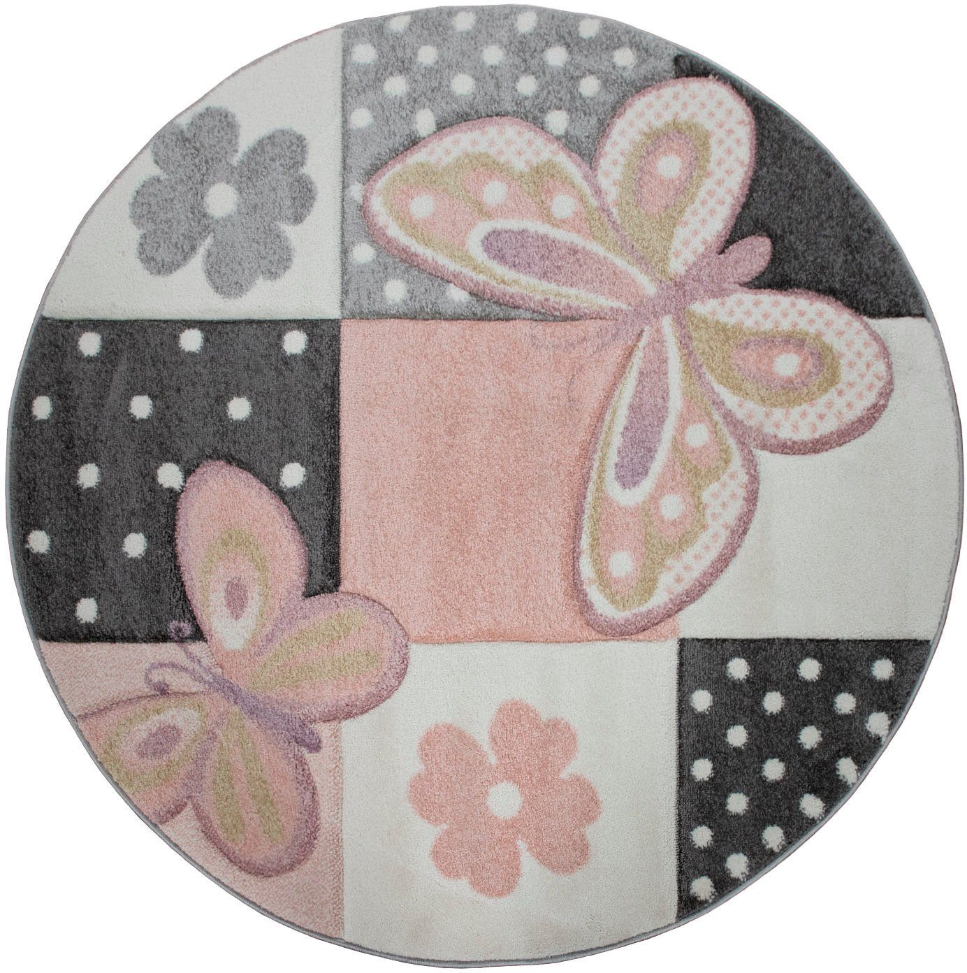 Paco Home Kindervloerkleed Cosmo 220 3d-design, patchwork motief, schattig motief vlinders & stippen speelkleden maat Ø 120 cm x 18 mm multicolor