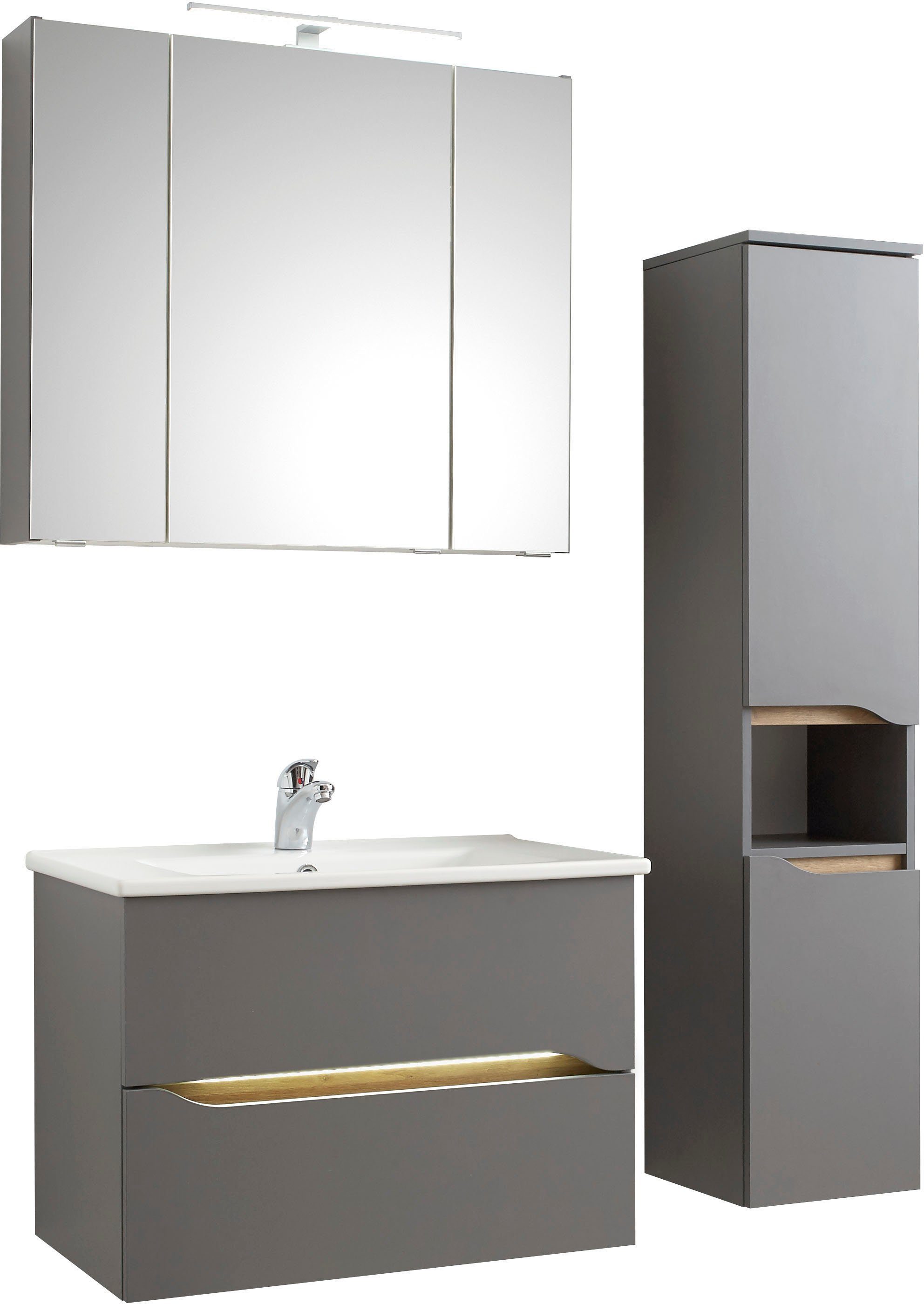 Saphir Badkamerserie Quickset 3-delig, keramische wastafel en LED spiegelkast met halfhoge kast, 2 deuren, 1 nis, 2 laden, inclusief deurdemper (5-delig)