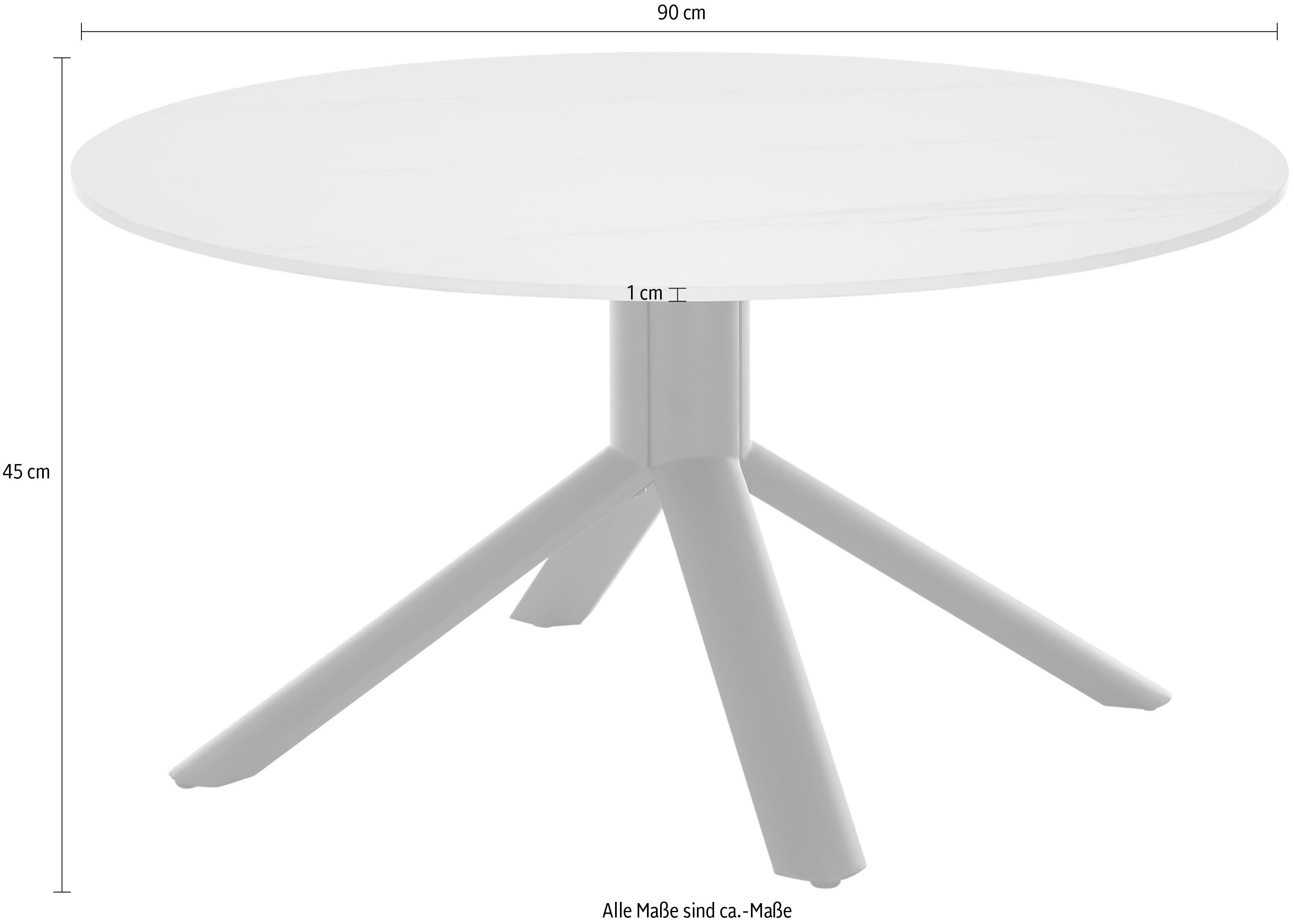 Stolkom Salontafel Joanna ronde eettafel keramiek, wit gemarmerd, BxH 90x45 cm Keramische oppervlakte wit gemarmerd, 4-poots frame mat zwart