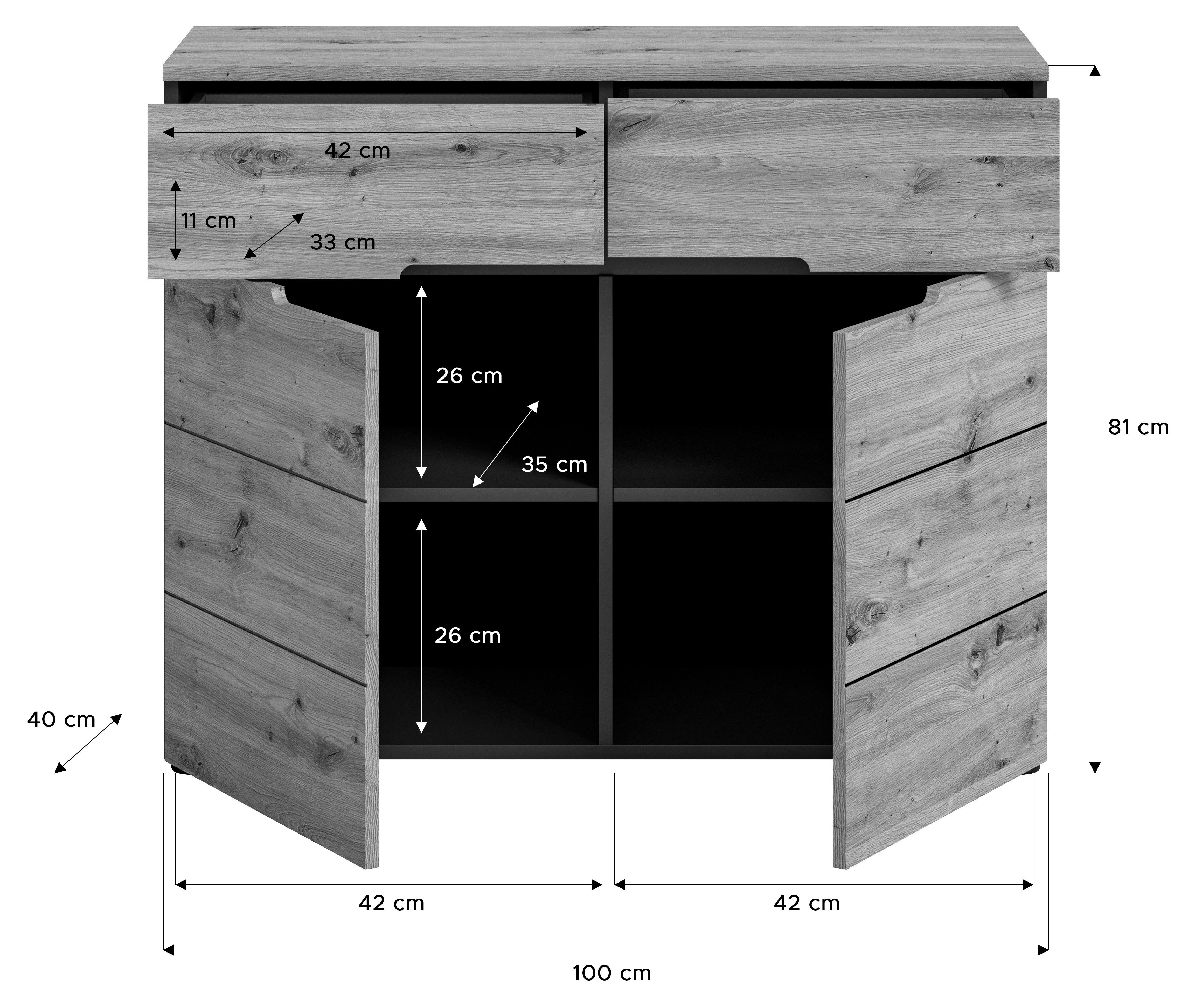 INOSIGN Kast Rehat, Breedte 100cm, Basaltgrijs/Artisan Eik, 2 deuren, 2 lades