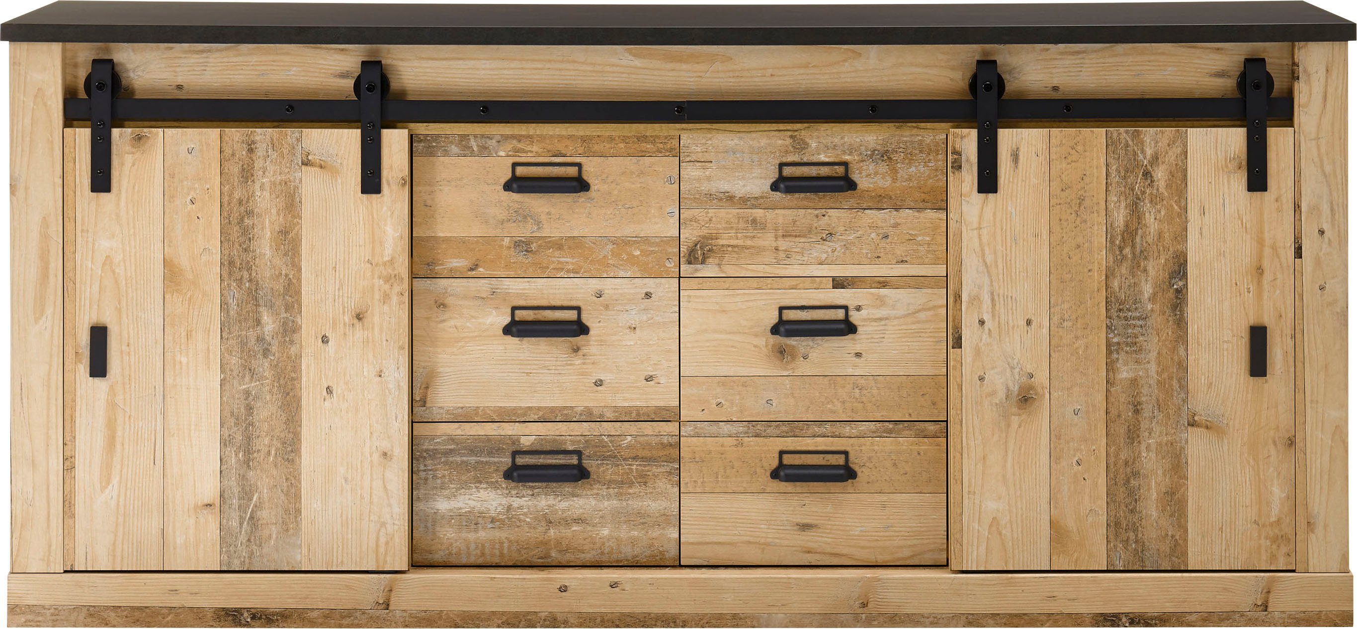 Home affaire Dressoir Sherwood modern houtdecor, met schuurdeurbeslag van metaal, breedte 201 cm