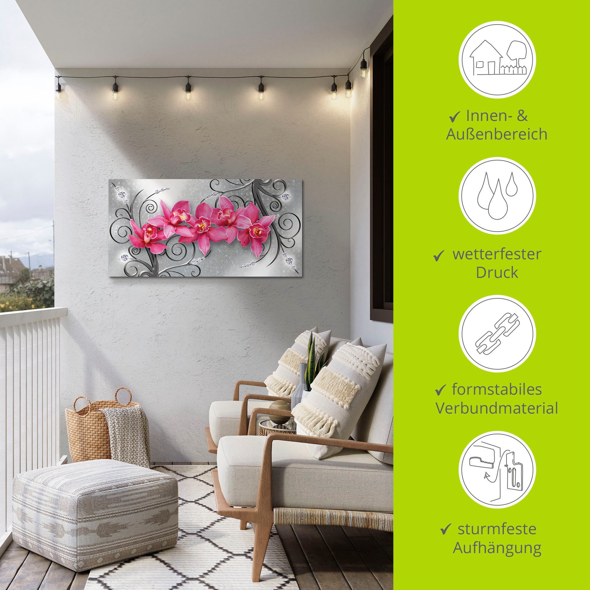 Artland Artprint Roze orchideeën op ornamenten als artprint van aluminium, artprint voor buiten, artprint op linnen, poster, muursticker