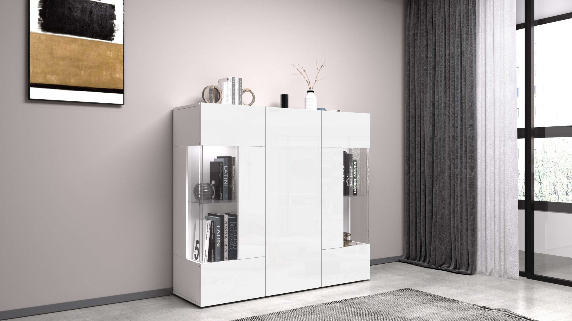INOSIGN Highboard Egypte, Highboard, Hoge kast, Hoge ladekast, Vitrine met 3 deuren waarvan 2 met glaselement, volledig hoogglans gelakt, breedte 135