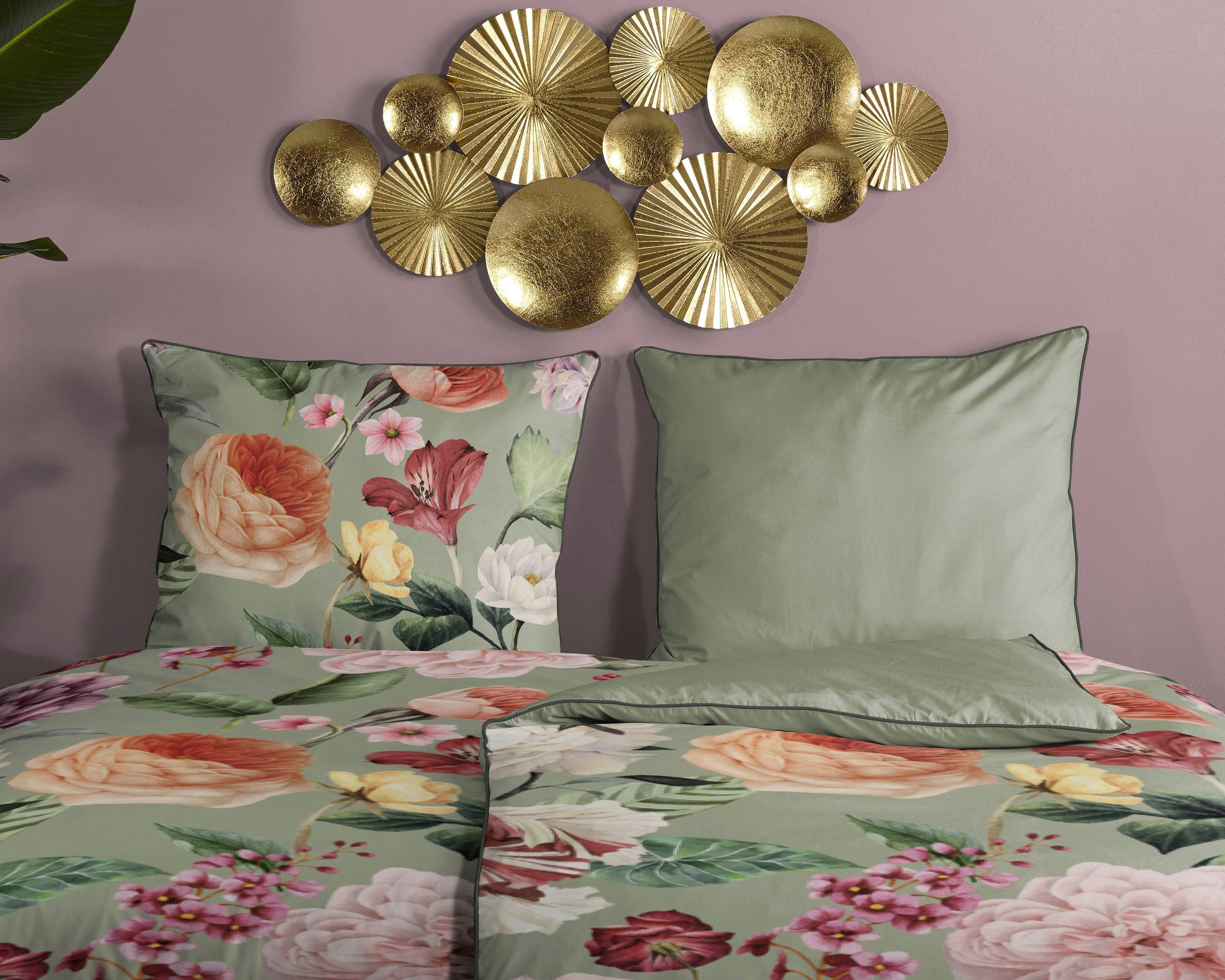 Descanso Tweezijdig te gebruiken overtrekset Fiori Katoen, Satijn, 135x200, Bies, Rits, Omkeerbaar, Bloemen Zand