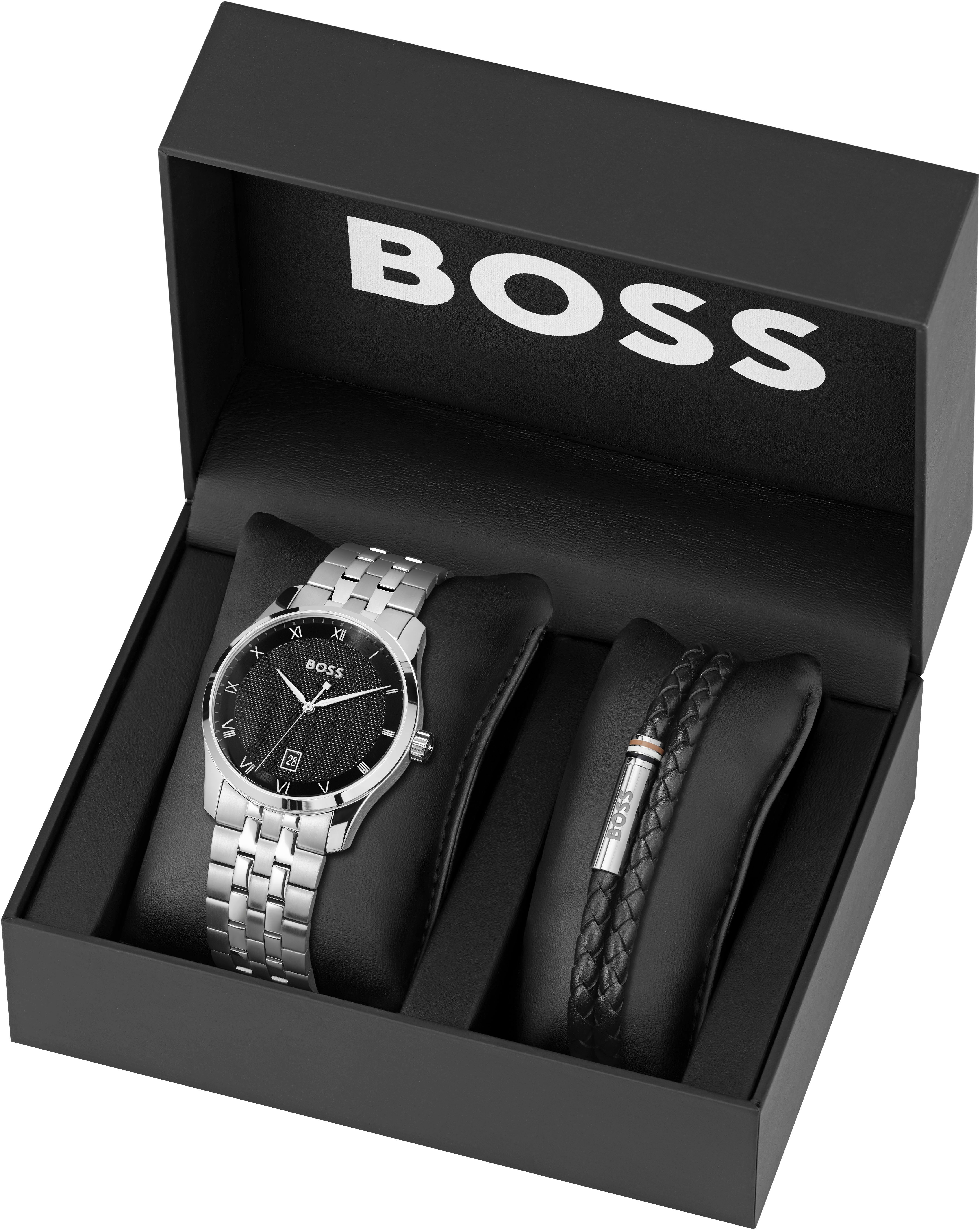 Boss Kwartshorloge Principle Horloge, herenhorloge, stalen band, ideaal ook als cadeau (set, 2-delig, Met leren band)