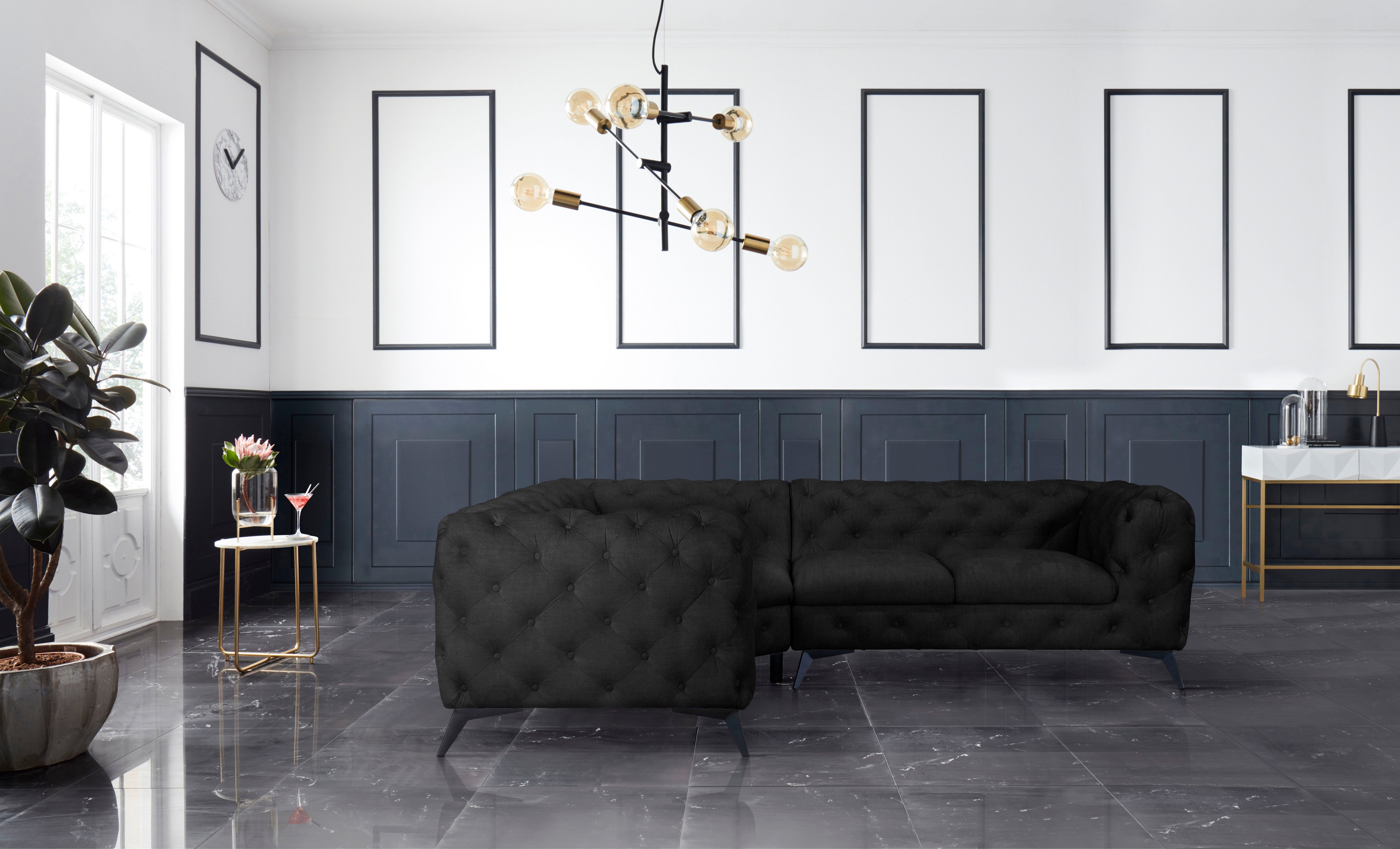 Leonique Chesterfield-bank Glynis L-vorm luxueuze capitonnage, moderne chesterfield look, kleur van de poten ter keuze