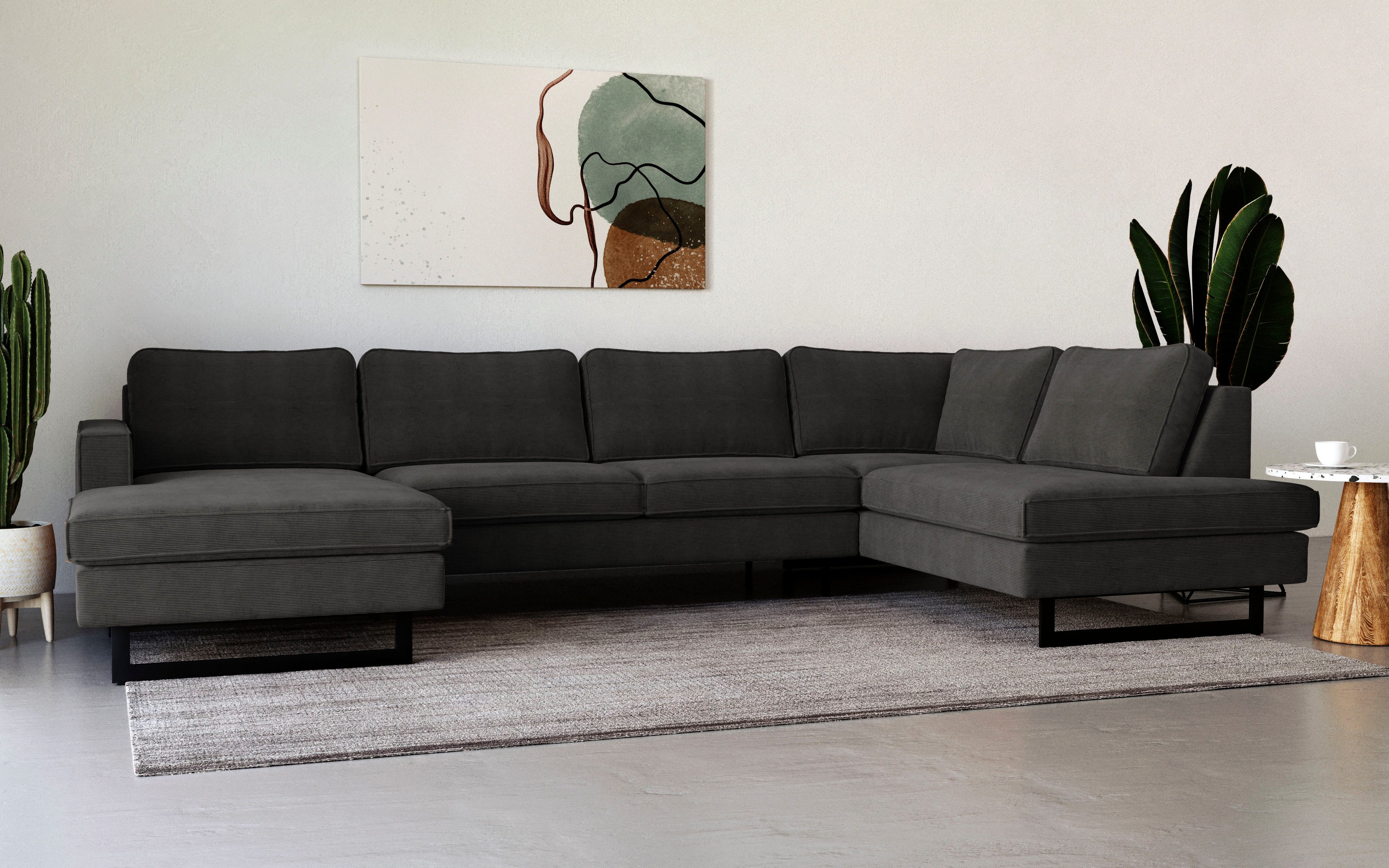 Places of Style Zithoek Pinto, 350 cm, U-vorm, XXL, met ottomanen Cord, chenille, leerlook, met bies, metalen voeten, golfondersteuning