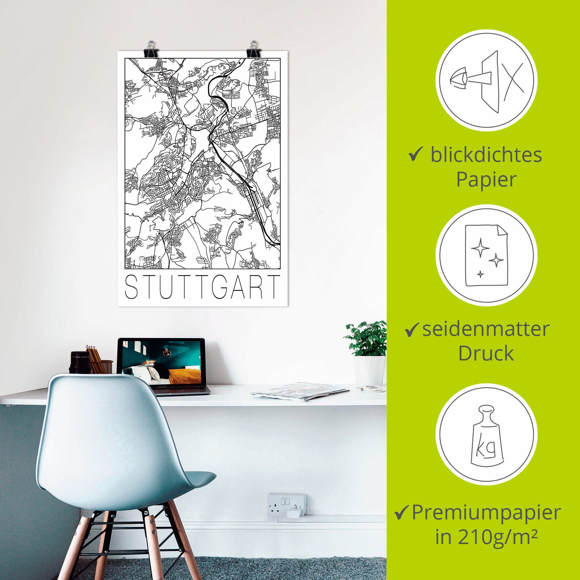 Artland Poster Retro kaart Stuttgart Duitsland als artprint van aluminium, artprint op linnen, muursticker of poster in verschillende maten