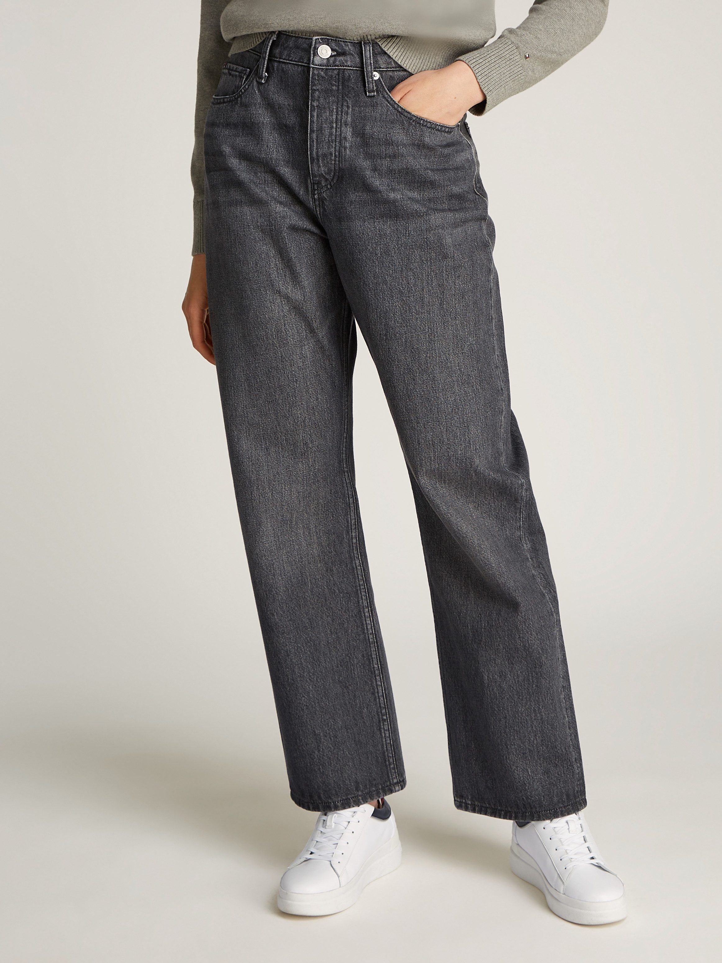 Tommy Hilfiger Straight jeans CLASSIC STRAIGHT RW ECRU met logo-badge, in enkel-lengte