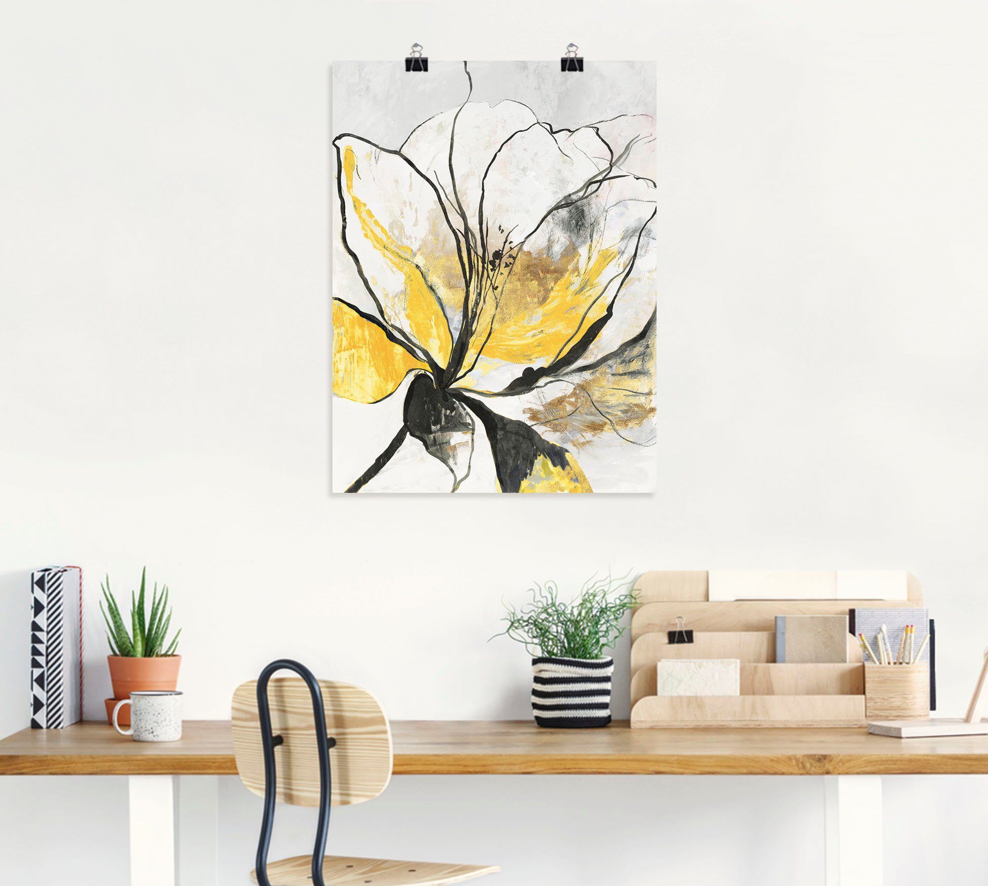 Artland Artprint Geschetst bloemdessin I gele versie als artprint van aluminium, artprint voor buiten, artprint op linnen, poster, muursticker