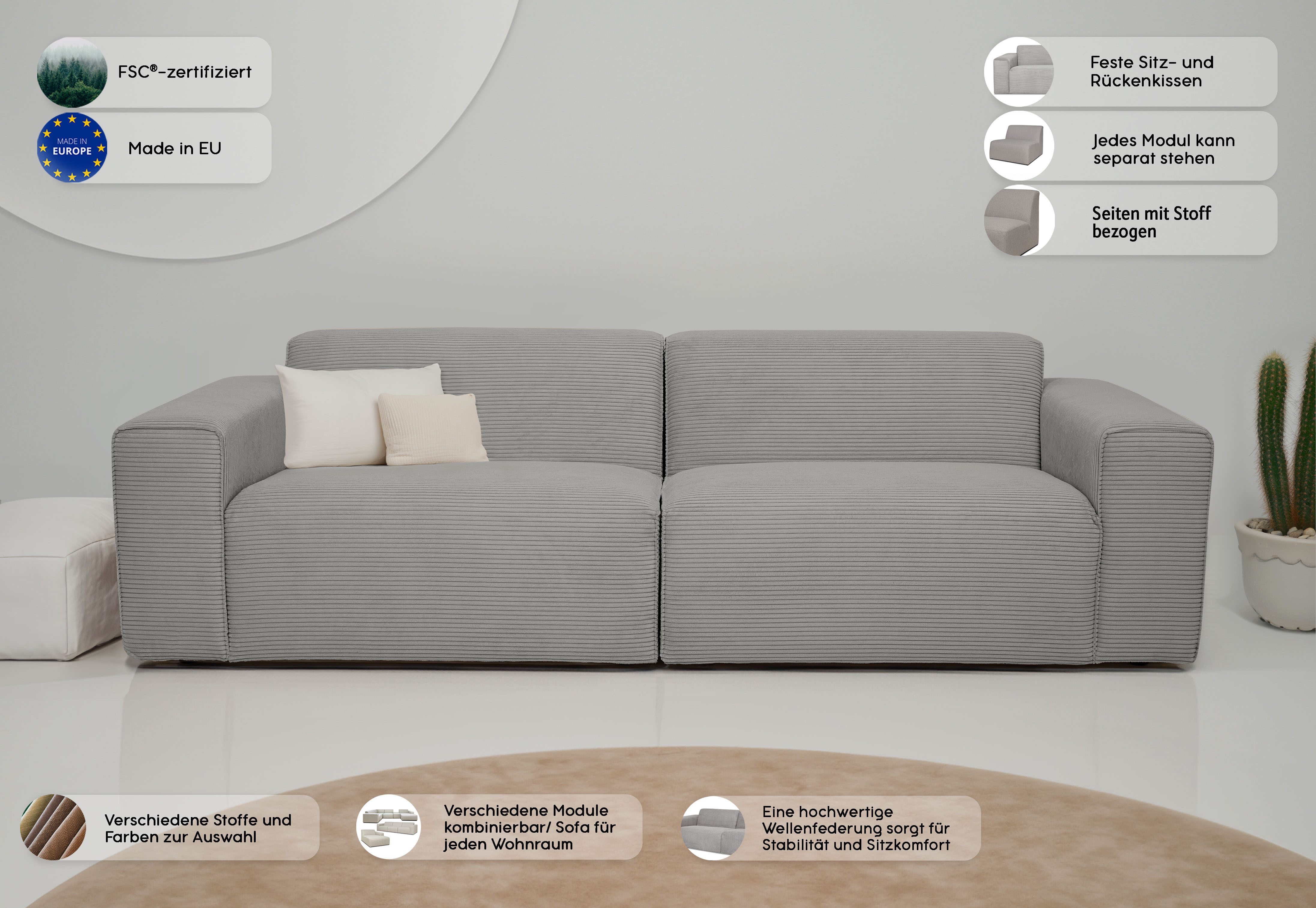 INOSIGN 3-zitsbank Koa, 228 cm, modulair bankstel in webstof, cord Designbank in corduroy, zachte lounge-zitcomfort