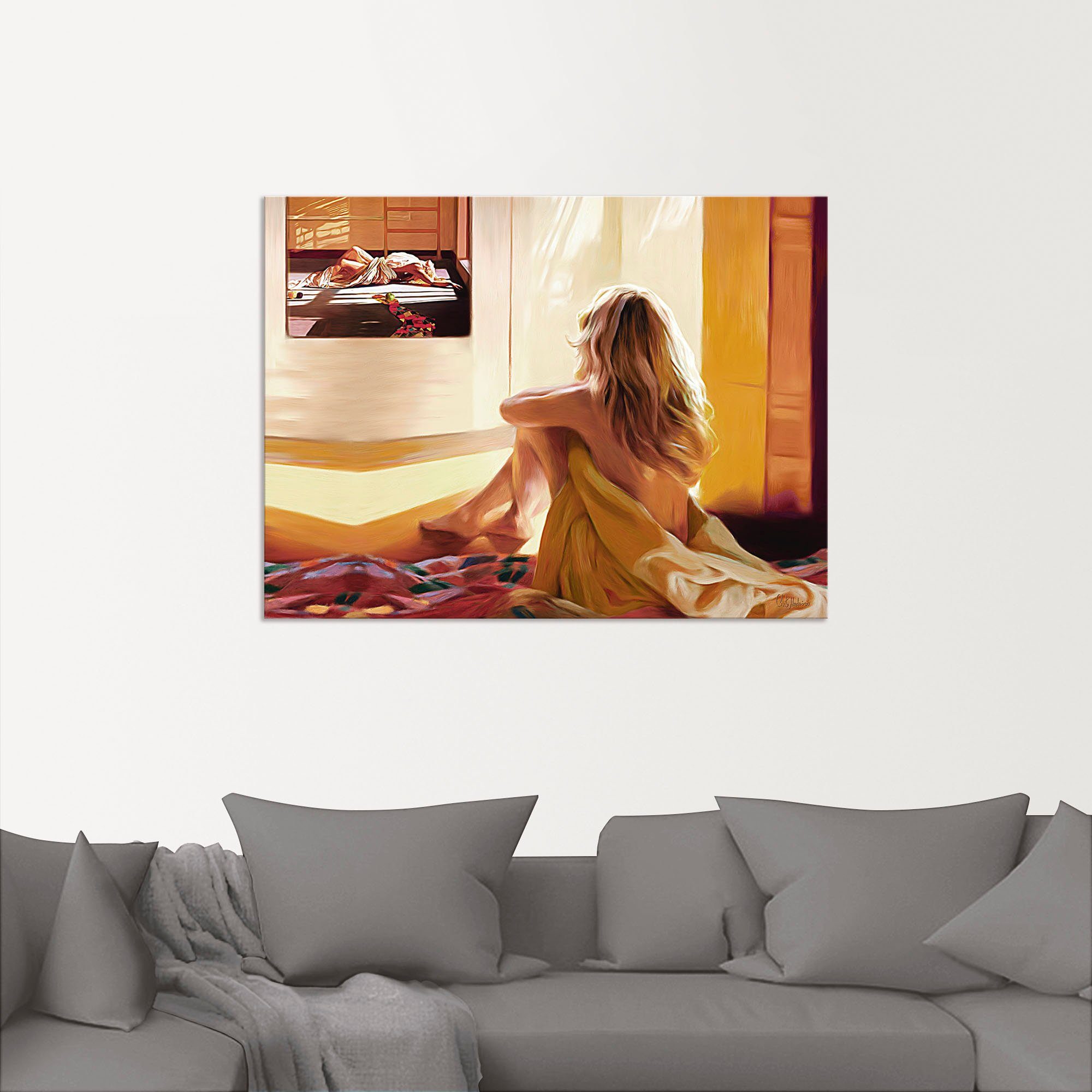 Artland Artprint Blond meisje zit op het bed als artprint van aluminium, artprint voor buiten, artprint op linnen in verschillende maten