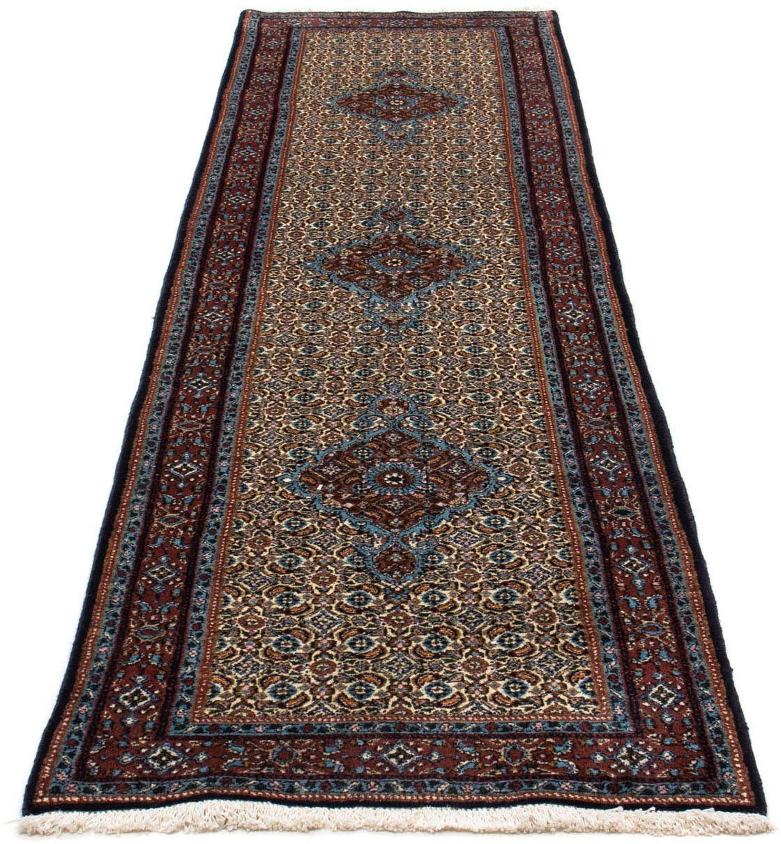 morgenland Hoogpolige loper Moud velden rosso scuro 298 x 80 cm Uniek exemplaar met certificaat