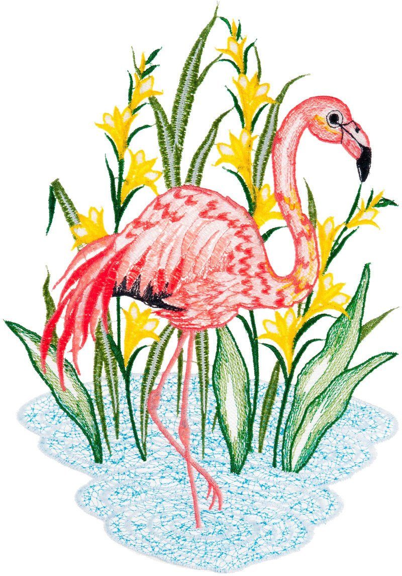 W. Reuter & Sohn - Plauener Spitze® Vensterbeeld Fensterbild "Flamingo" farbig