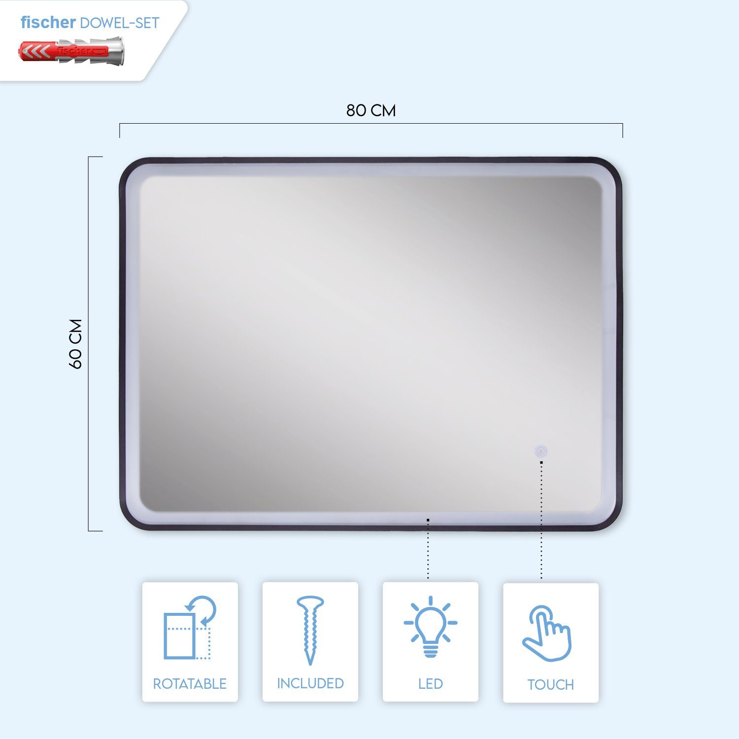 Paco Home Wandlamp Maggie Verlichte spiegel LED achterlicht touch-zwart rechthoekig