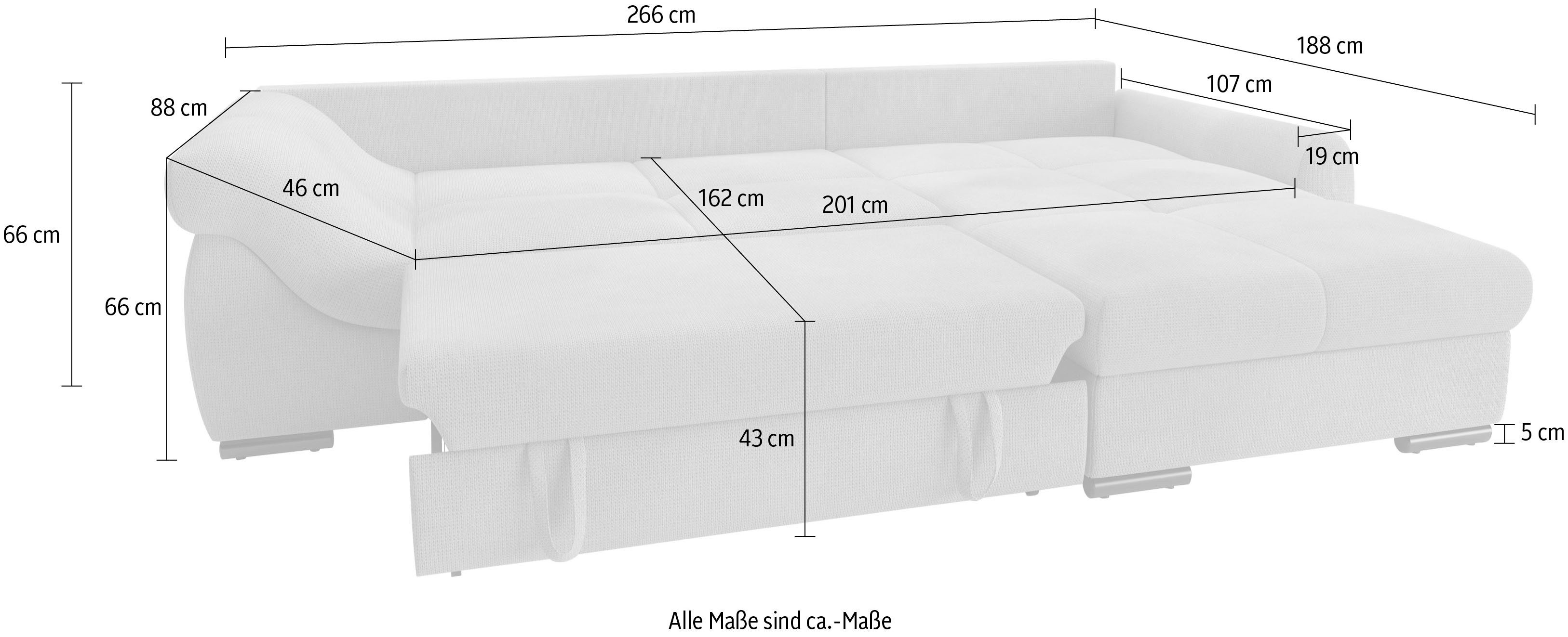 Mr. Couch Hoekbank Livorno L-vorm incl. hoogslaper beduitbreiding, xl bedbox wit gecoat