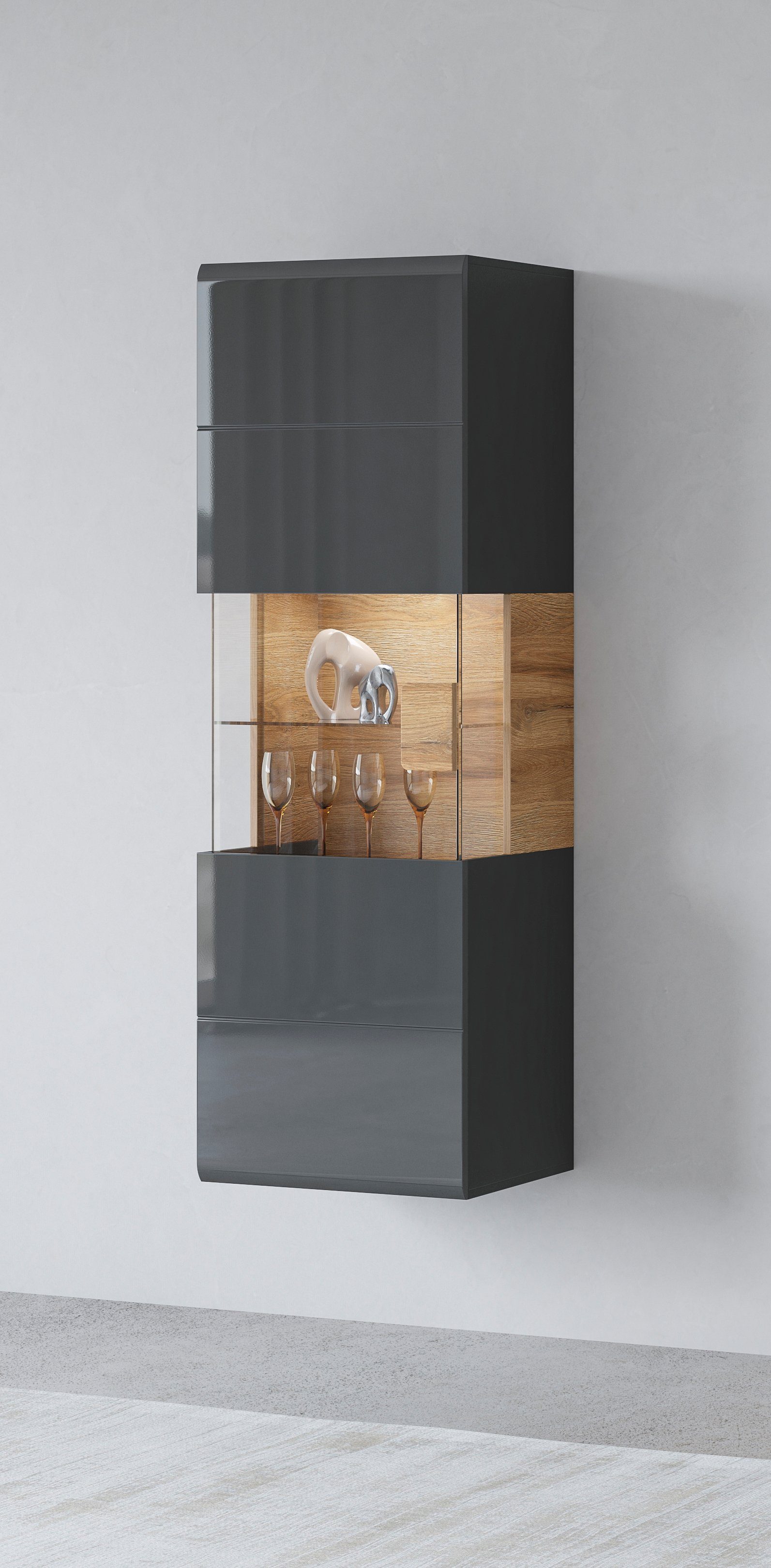 INOSIGN Hangende vitrinekast Toledo, hoogte 159 cm trendy glazen vitrine met decoratieve MDF-front Vitrine met glazen front, zonder verlichting, veel
