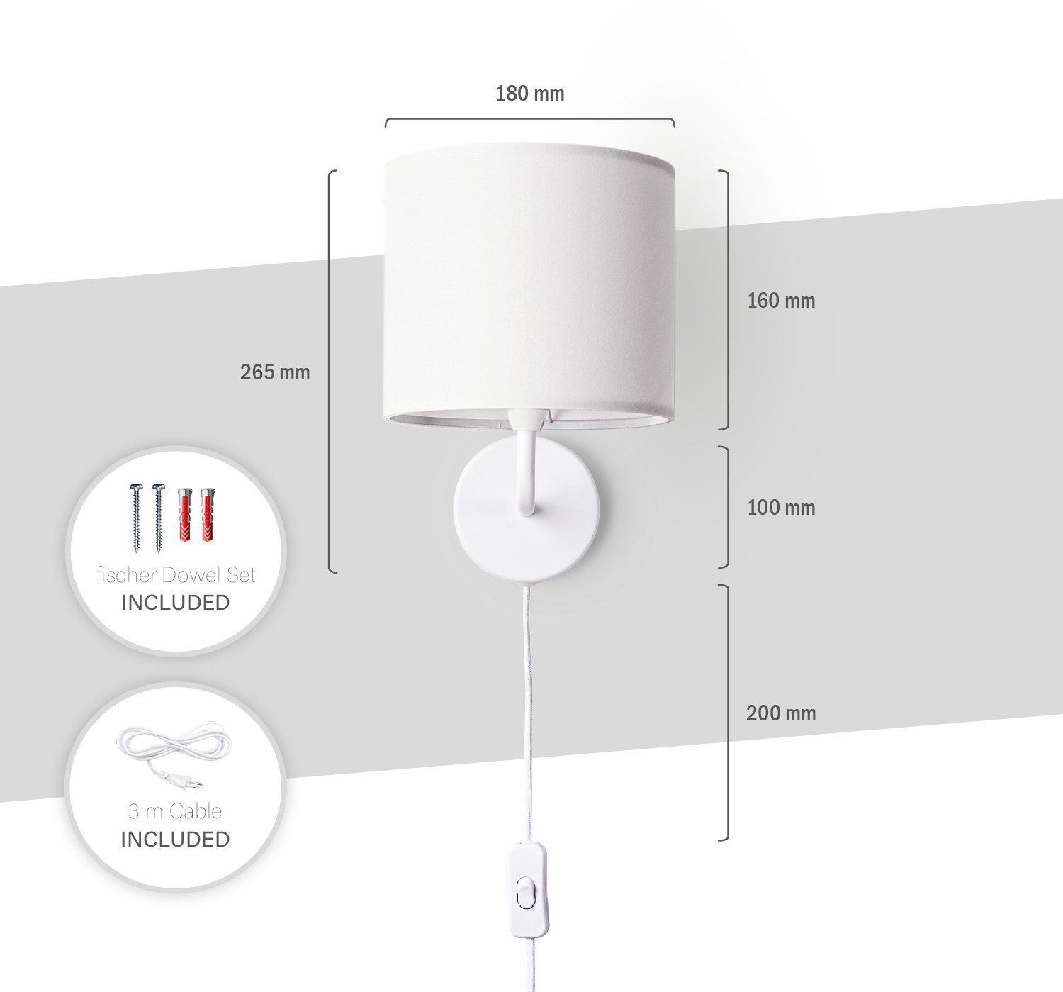 Paco Home Wandlamp Uni Color Wandlamp schakel gang woonkamer Ø…18cm effen decor kabel 3m E14