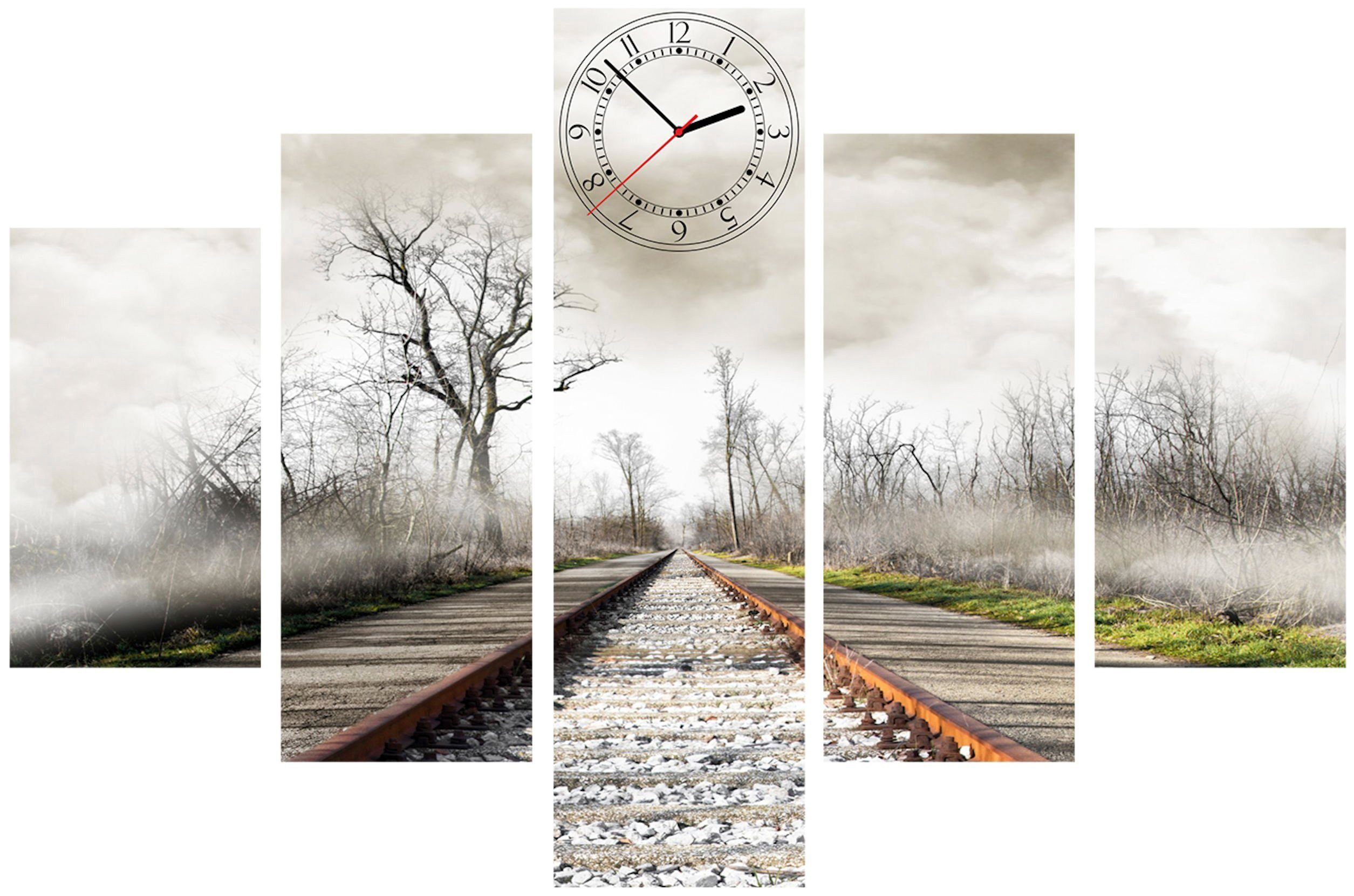 Conni Oberkircher´s Wanddecoratie Stormy rails - rails in mist met decoratieve klok, landschap, trein, herfst (set)