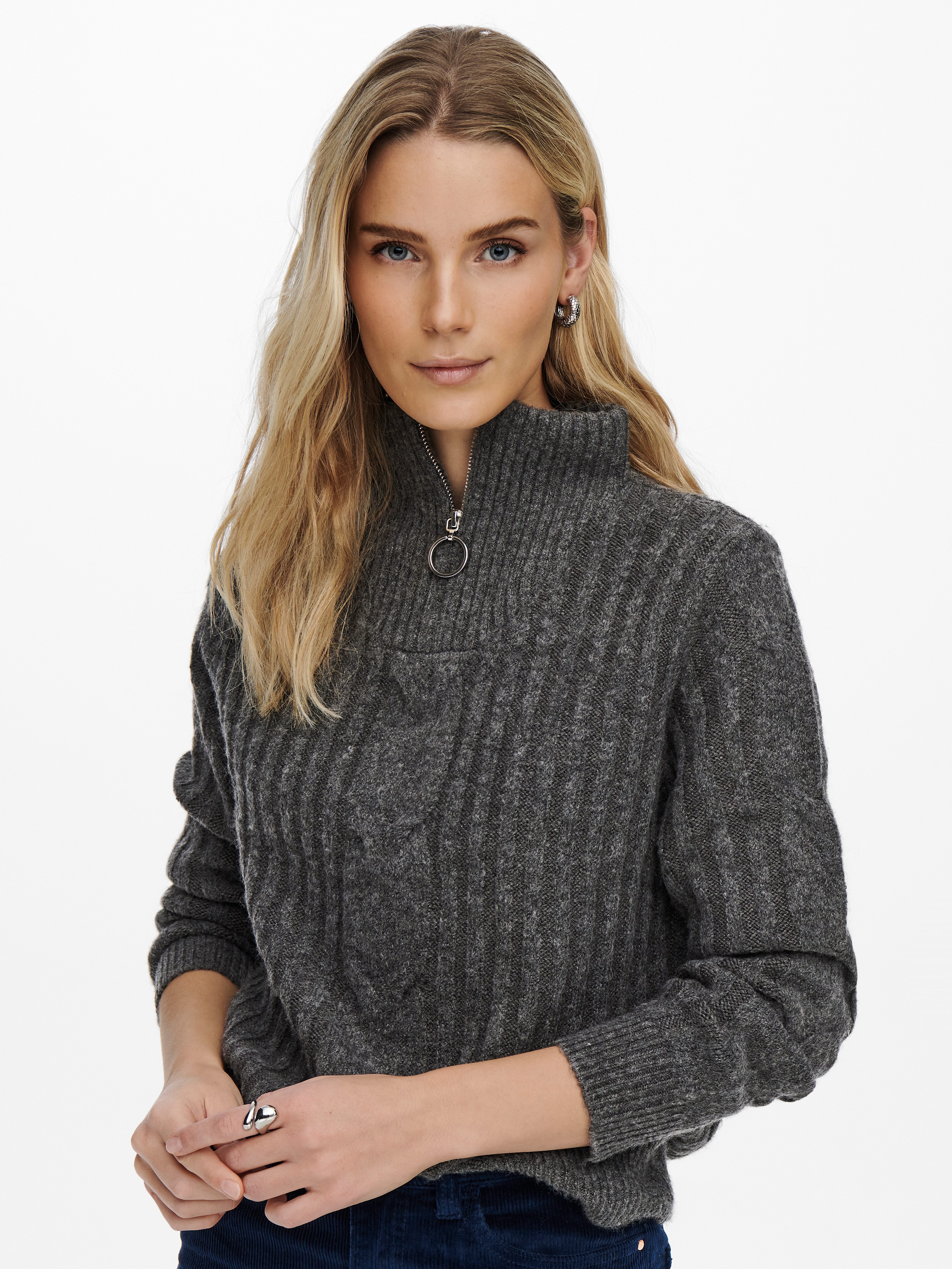 JDY Trui met staande kraag ANDREA L S ZIP CABLE PULLOVE KNT NOOS