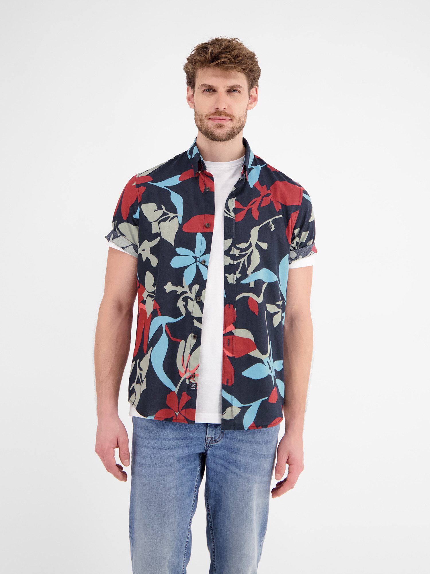 Lerros Overhemd met korte mouwen LERROS zomerhemd in Hawaiian-stijl heren overhemden maat S blauw