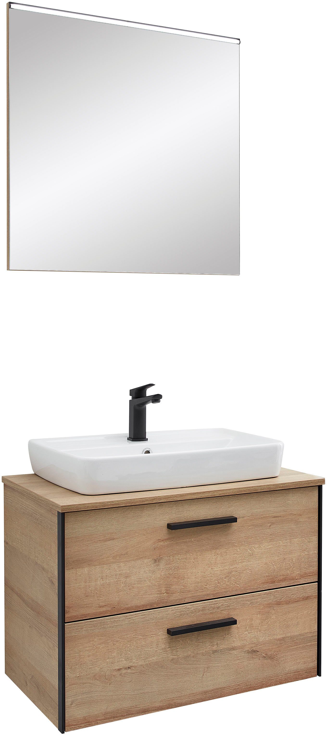 Saphir Badkamerserie Quickset 395 2-delig, keramieken opzetwasbak met led-spiegel Wastafelmeubel 73 cm breed, 2 laden, wastafelblad, badkameraccessoireset (4-delig)