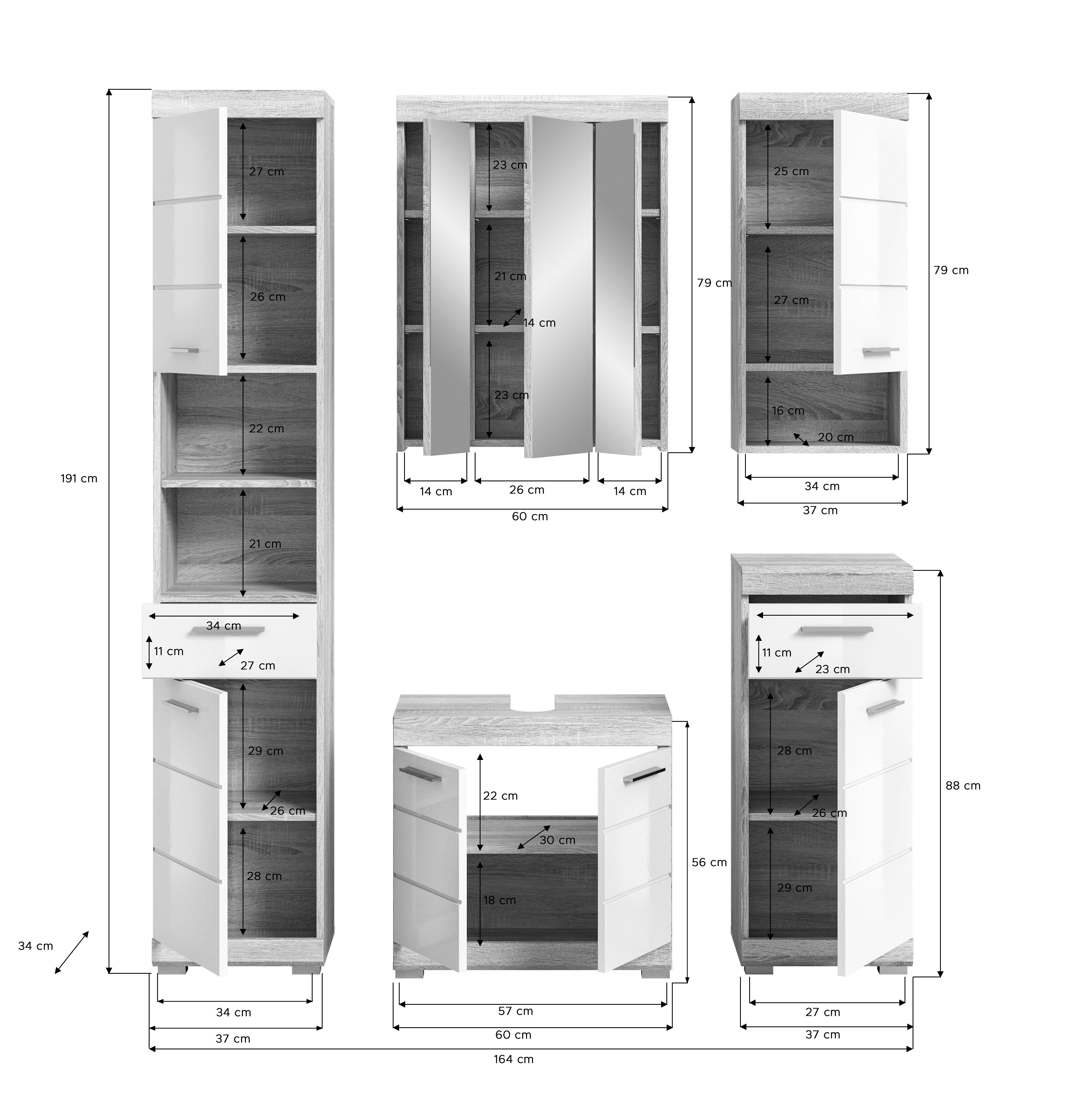 INOSIGN Badkamerserie Siena, 5-delig, bestaande uit: Hoge kast, WBU, spiegelkast, onderkast, hangkast (set, 5 stuks)