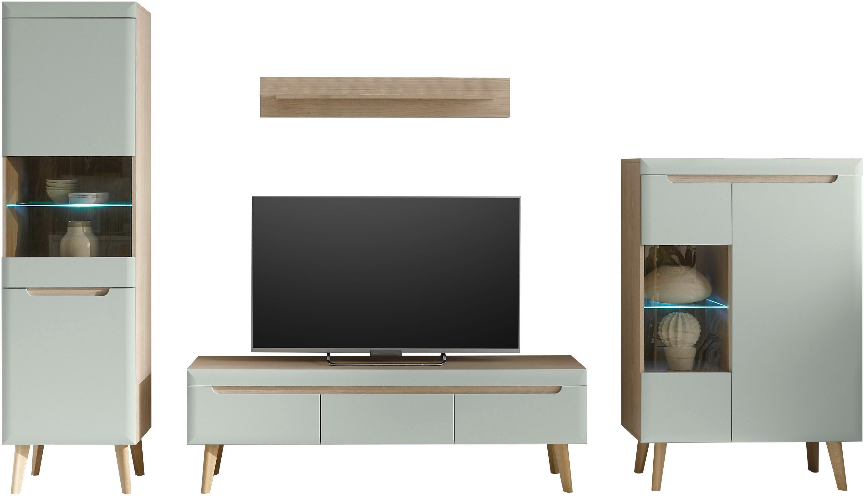 INOSIGN Wandmeubel Torge, wandmeubel, kastwand, mediawand, woonkamer-set bevat 2 vitrines, 1 lowboard, 1 wandplank, 343 cm breed (set, 4-delig)