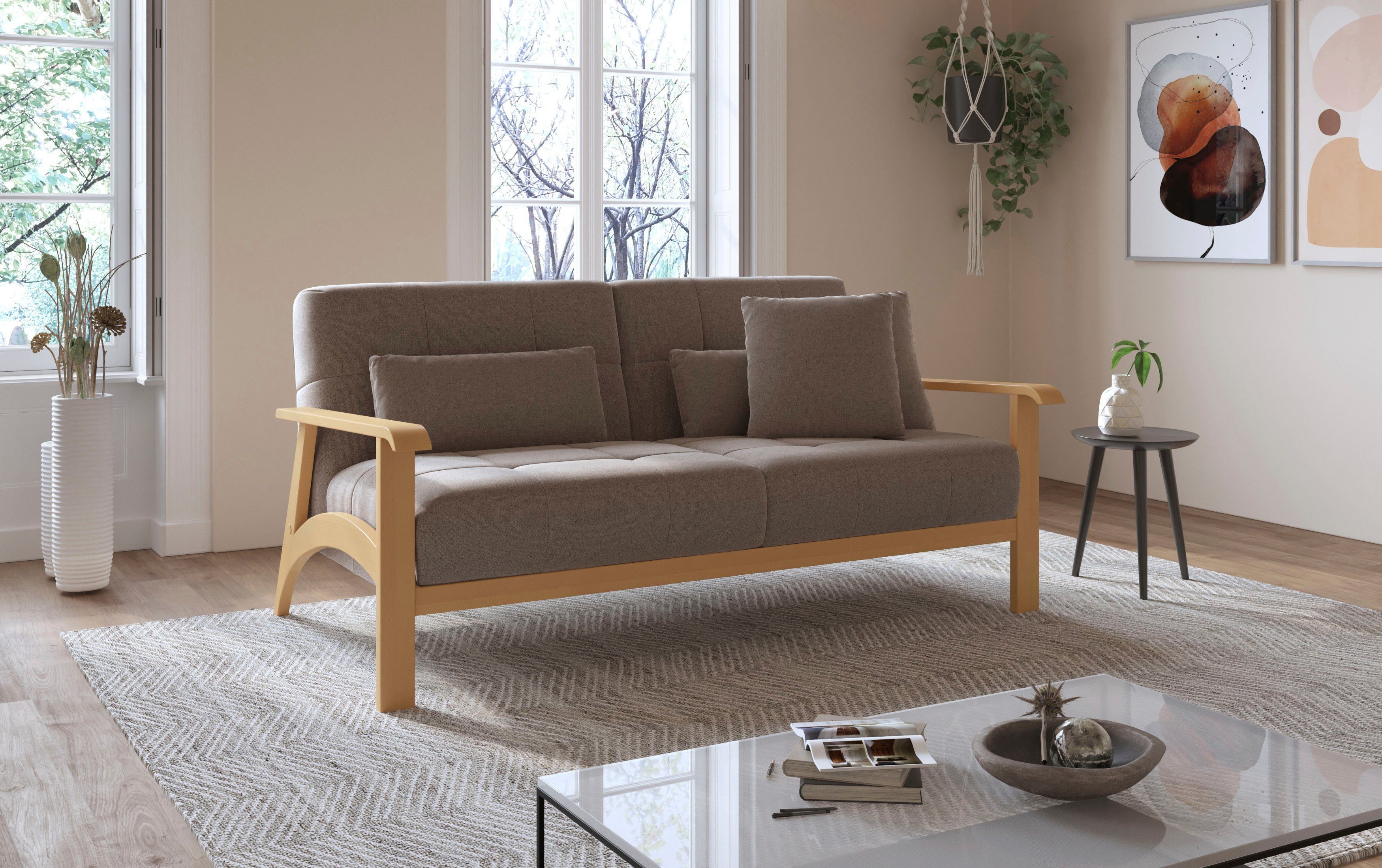sit&more 2,5-zitsbank Billund Armleuningen van eikenkleurig beukenhout, verschillende bekledingen en kleuren