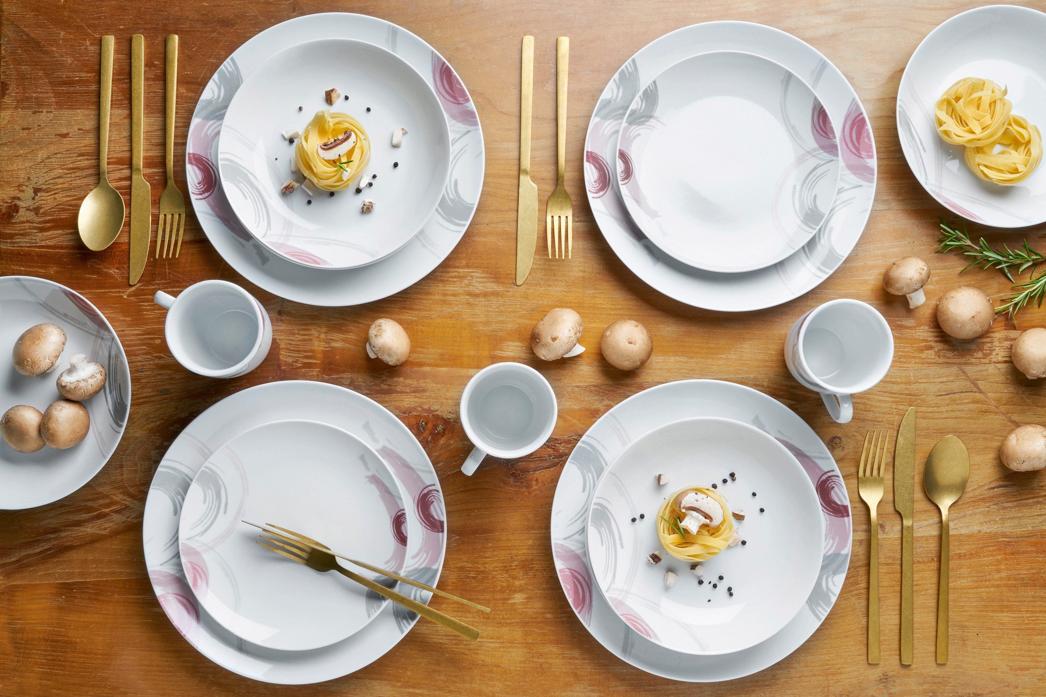 van Well Combi-servies Servies-set Tonga, 16-delig, wit met randdecoratie met decor in grijs/roze/wijnrood, vaatwasser- en magnetronbestendig (set, 16-delig)