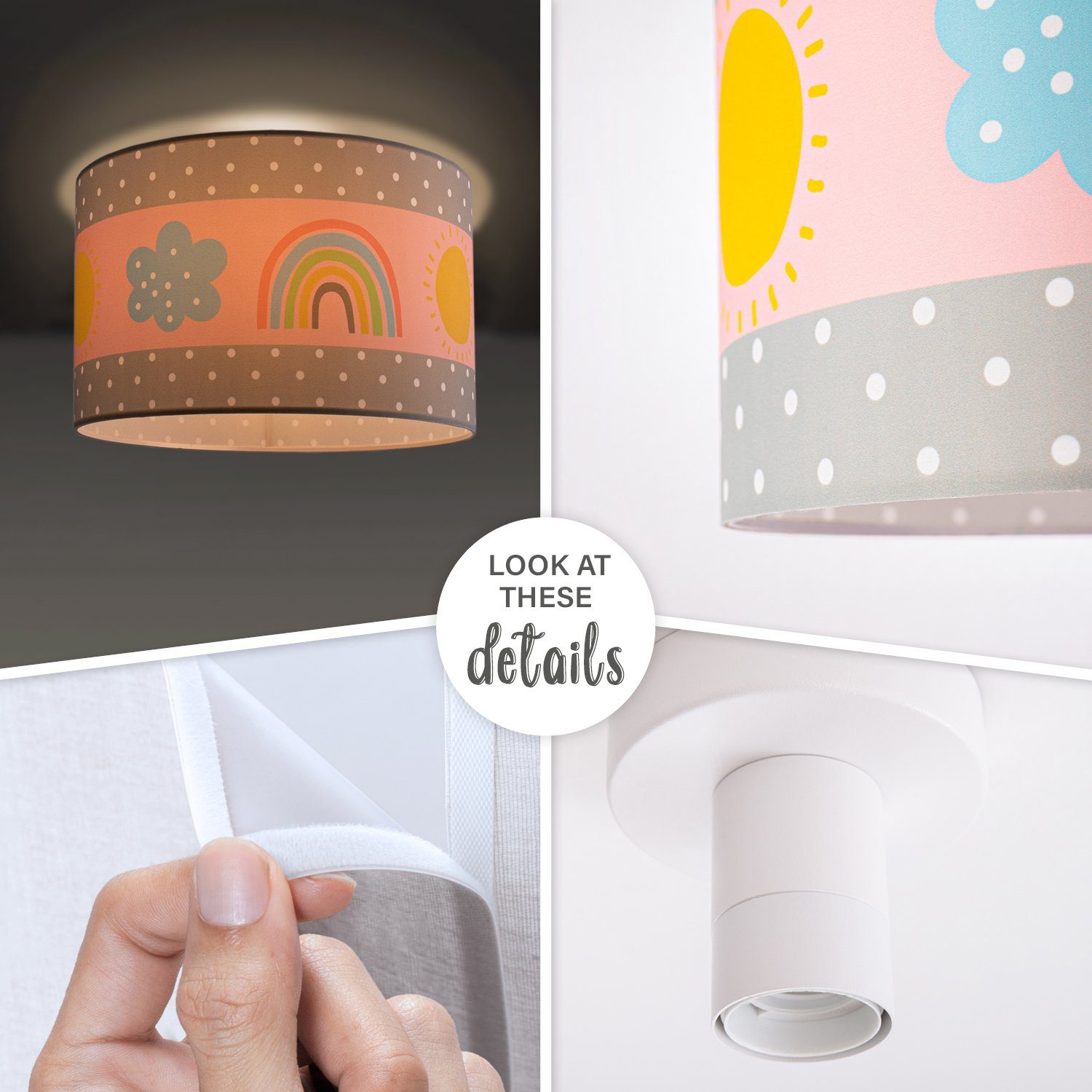 Paco Home Plafondlamp Cosmo 962 Lamp kinderkamer plafondlamp regenboog zon roze grijs wit E27