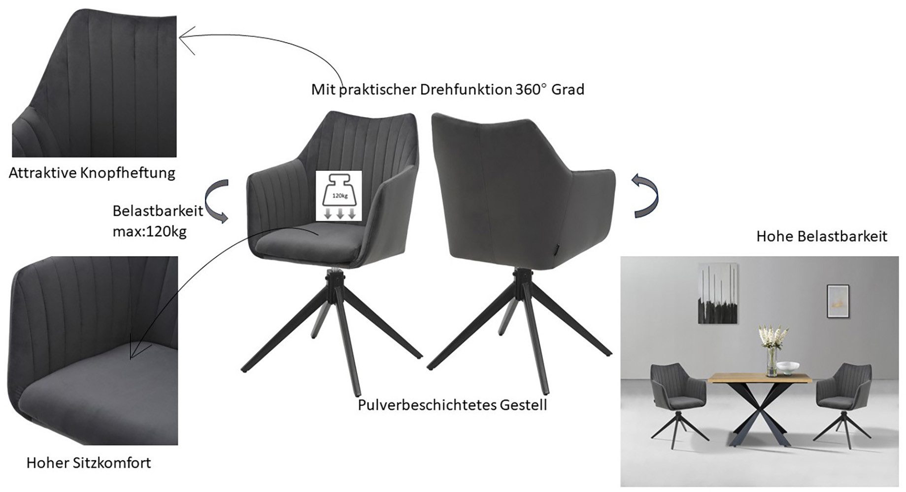 Home affaire Eetkamerstoel TAMPAST1, TOPSELLER! met draaifunctie 360 graden (set, 2 stuks)