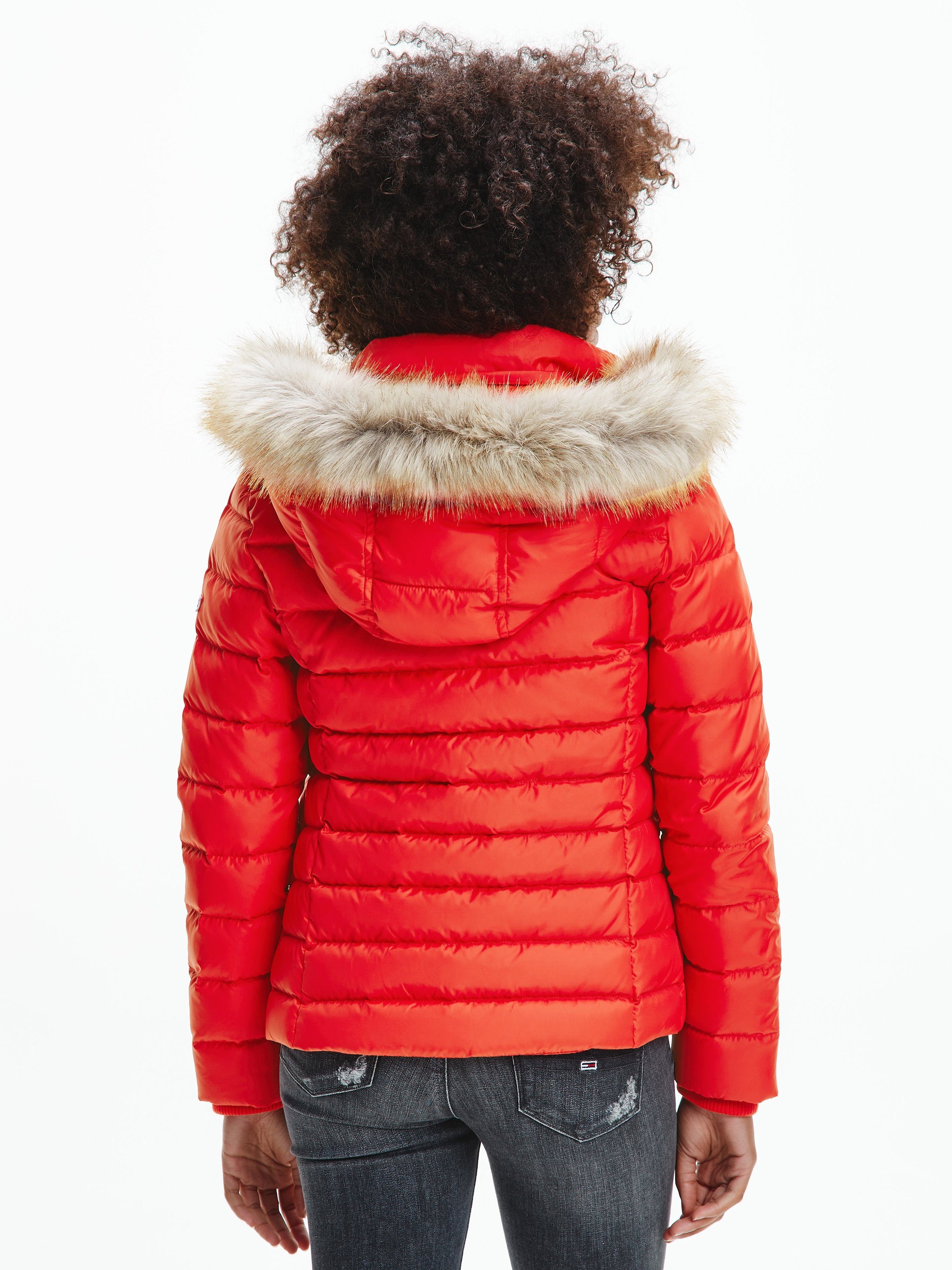 TOMMY JEANS Donsjack BASIC HOODED DOWN JACKET met imitatiebont aan de capuchon & tommy jeans-merklabel