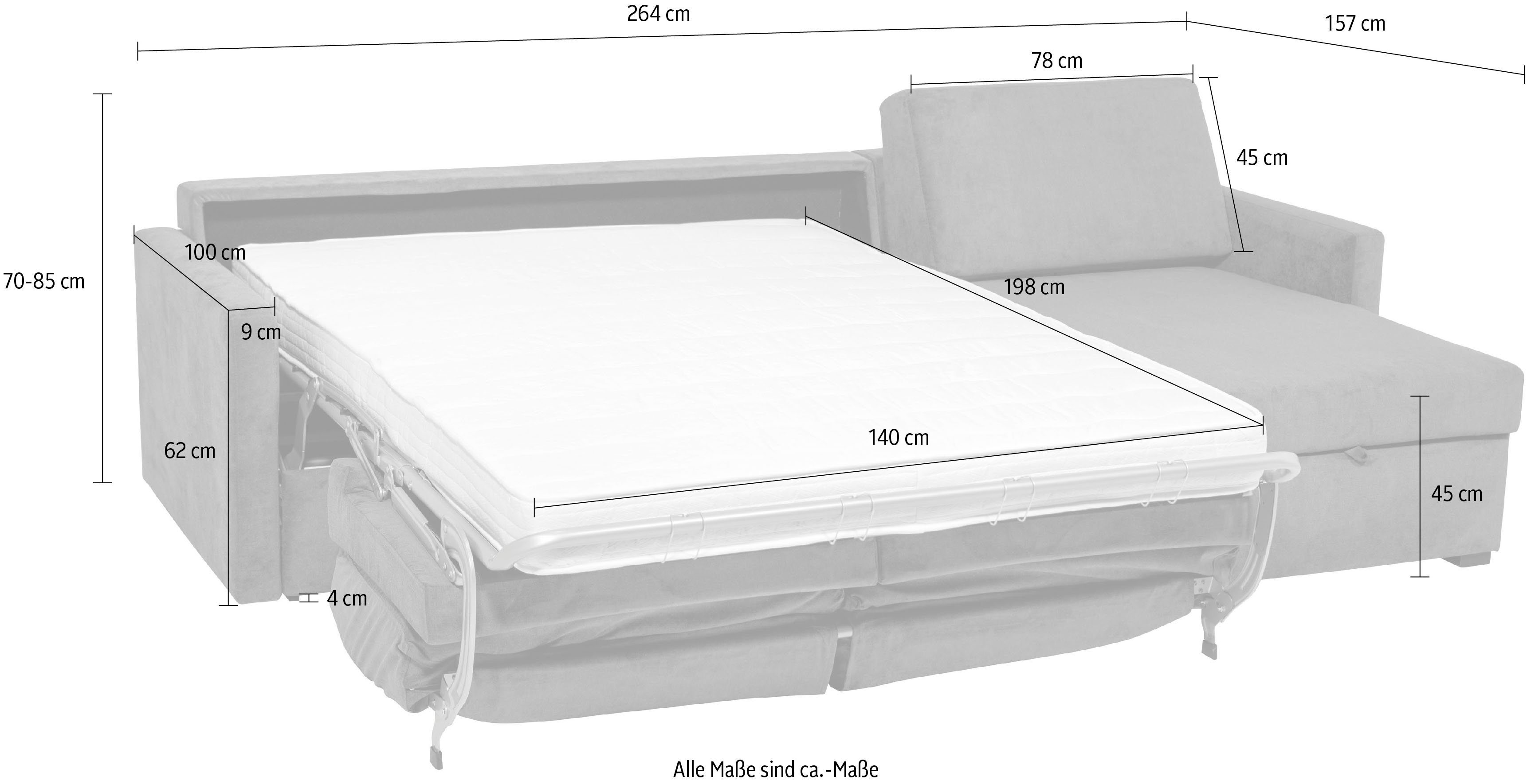 Places of Style Slaapbank GOLDPOINT hoekbank 264 cm, ligoppervlak (140/200 cm), L-vorm, Slaapfunctie, Bonell-binnenveringsmatras en volwaardige bedfunctie