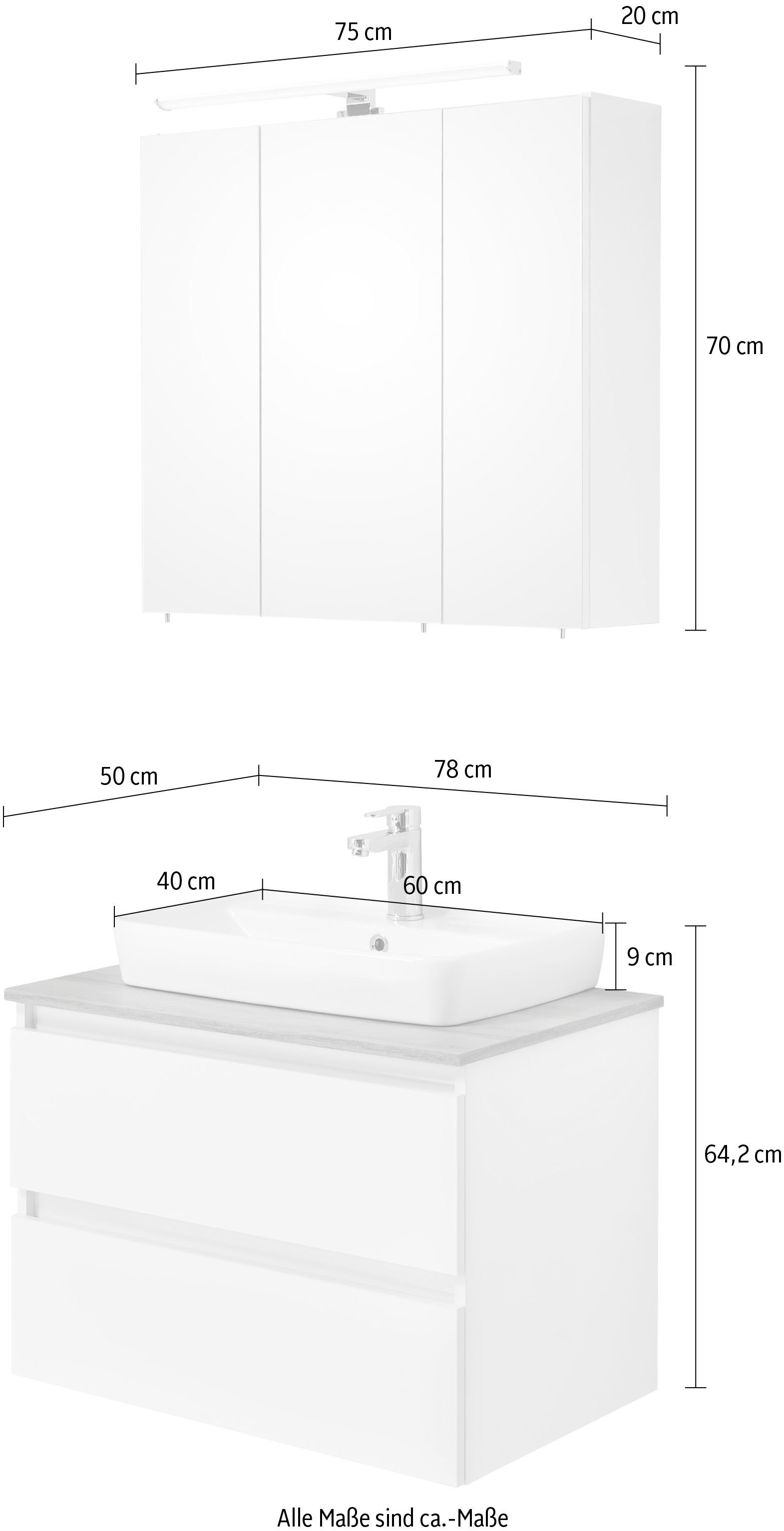 Saphir Badkamerserie Quickset 360 2-delig, keramische opzetwasbak met LED-spiegelkast (2-delig)