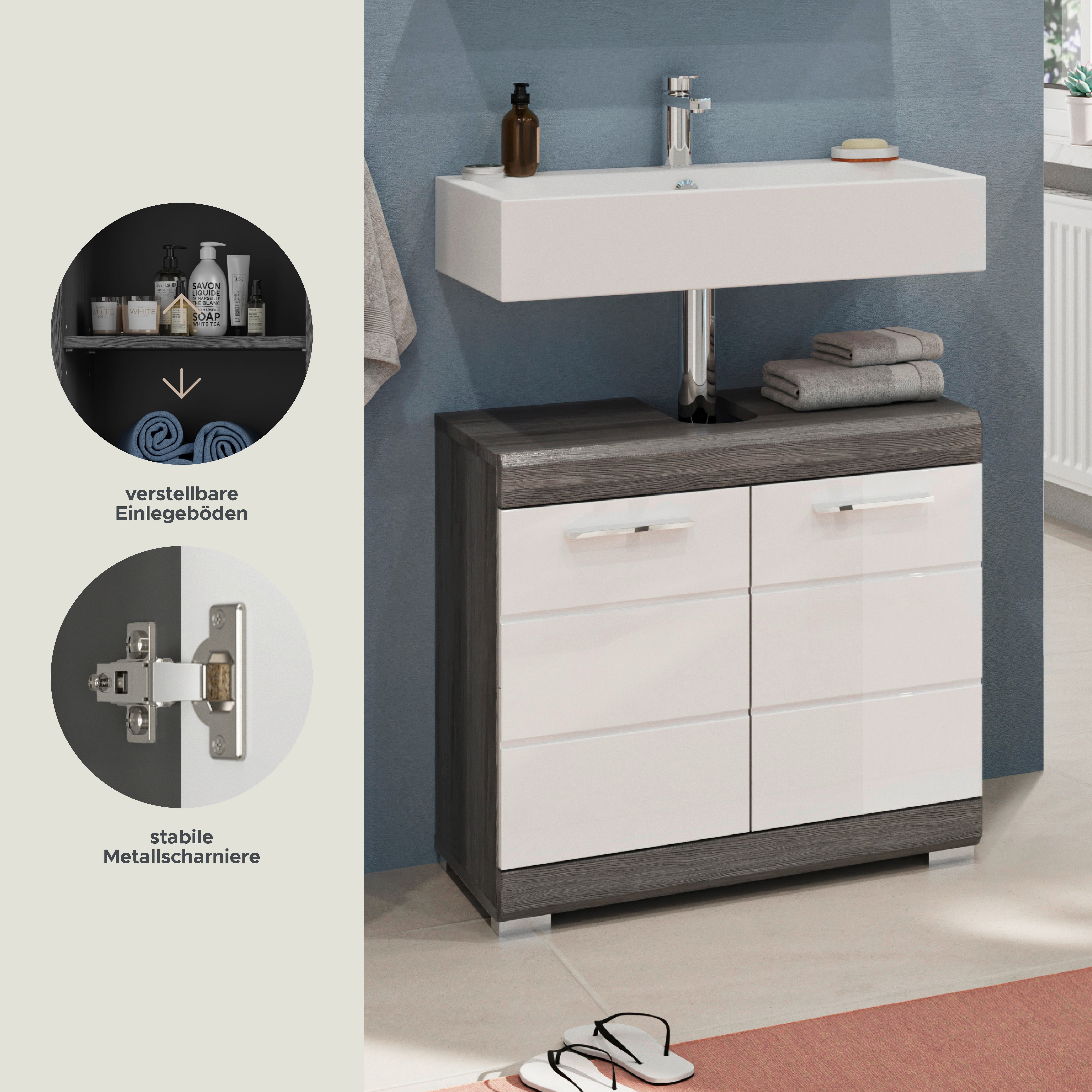 INOSIGN Wastafelonderkast Siena, breedte 60 cm, 2 deuren, 2 vakken, met sifonaansluiting, MDF-front in verschillende kleuren verkrijgbaar, badkamermeubels, badkamerkast, commode, badkamer (1 stuk)