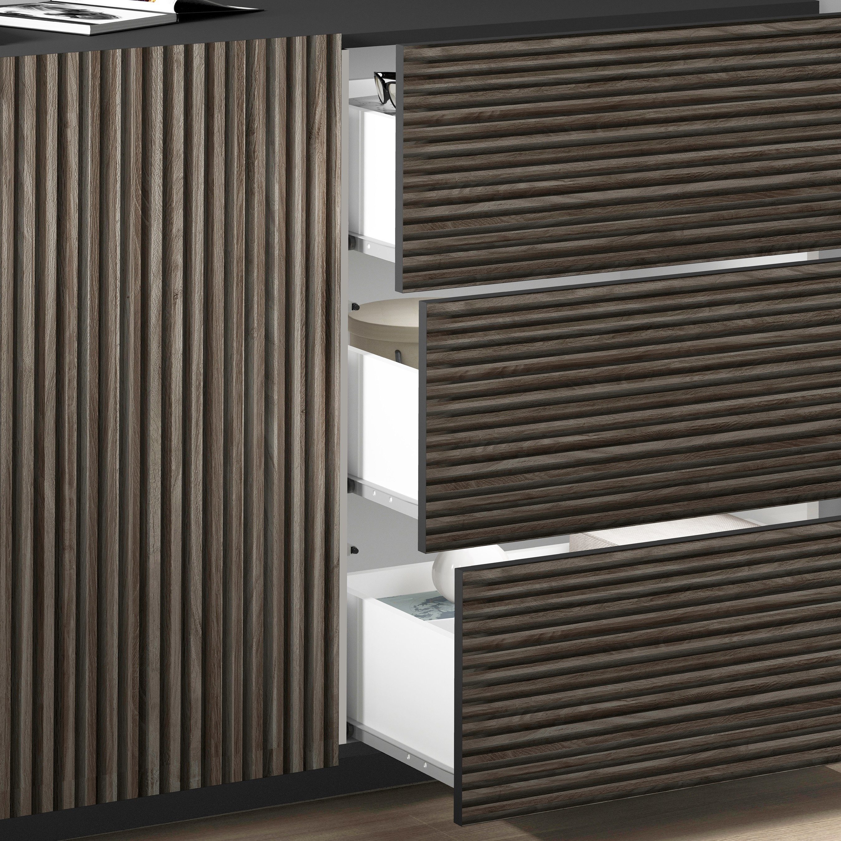 INOSIGN Dressoir Vega Sideboard, Ladekast, 220 cm met 4 deuren en 3 lades, fronten met groeflook