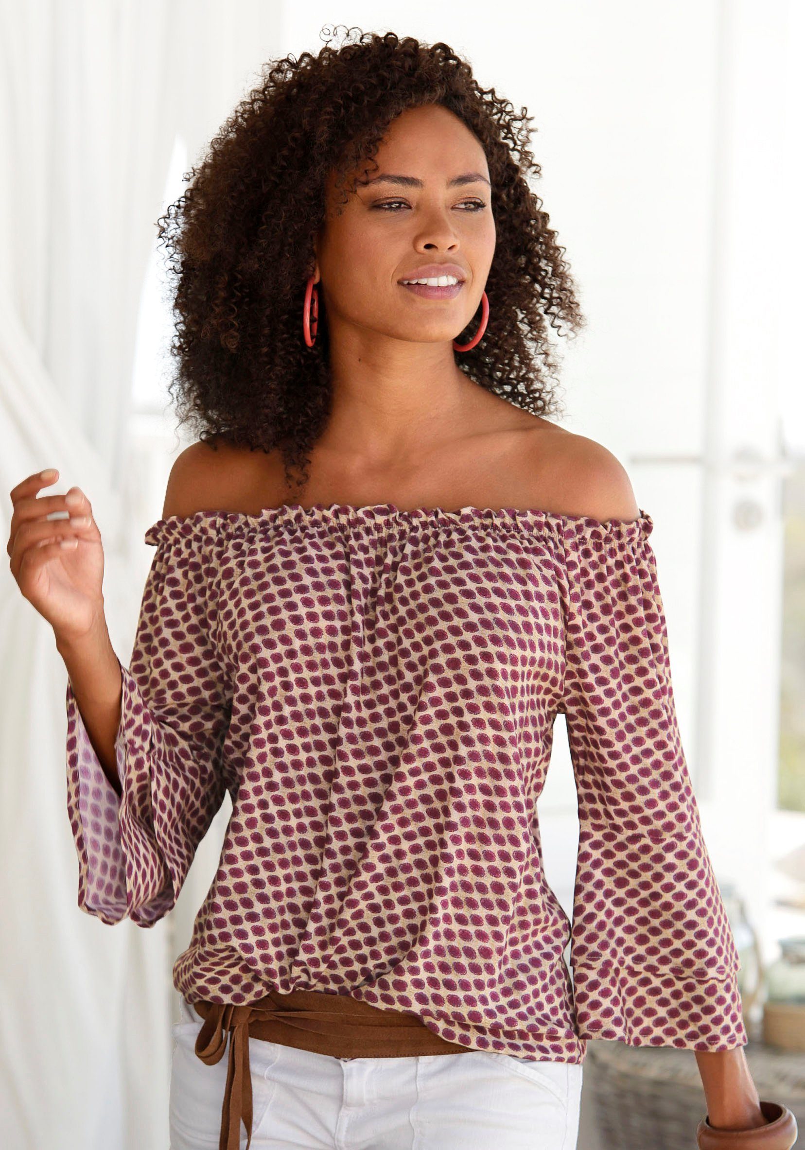 Lascana Blouse met carmenhals met stippenprint, damesblouse, off-the-shoulder, casual