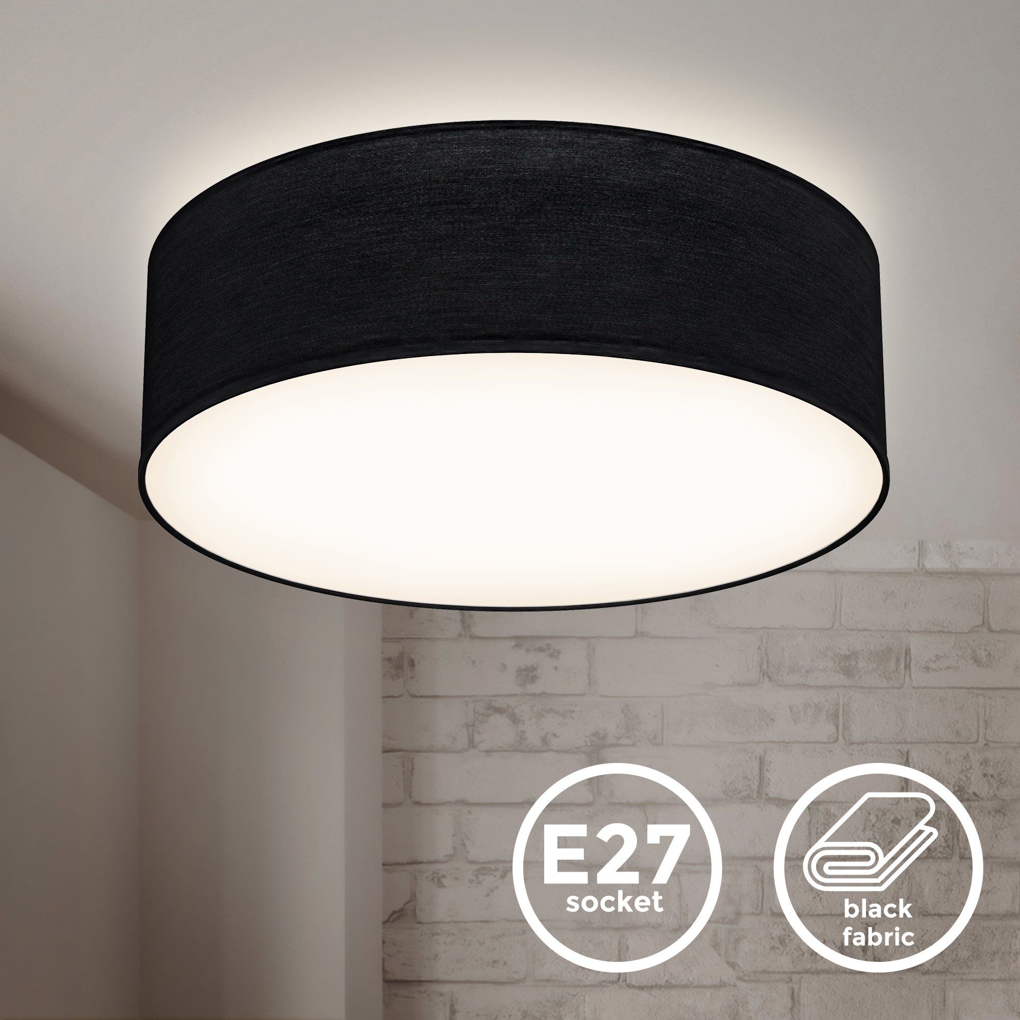 B.K.Licht Plafondlamp BK_SD1216 Plafondlamp, stoffen kap Ø30cm, kantoorlamp, zwart E27-fitting, zonder lichtbron (max. 40W), stoffen plafondlamp (1 stuk)