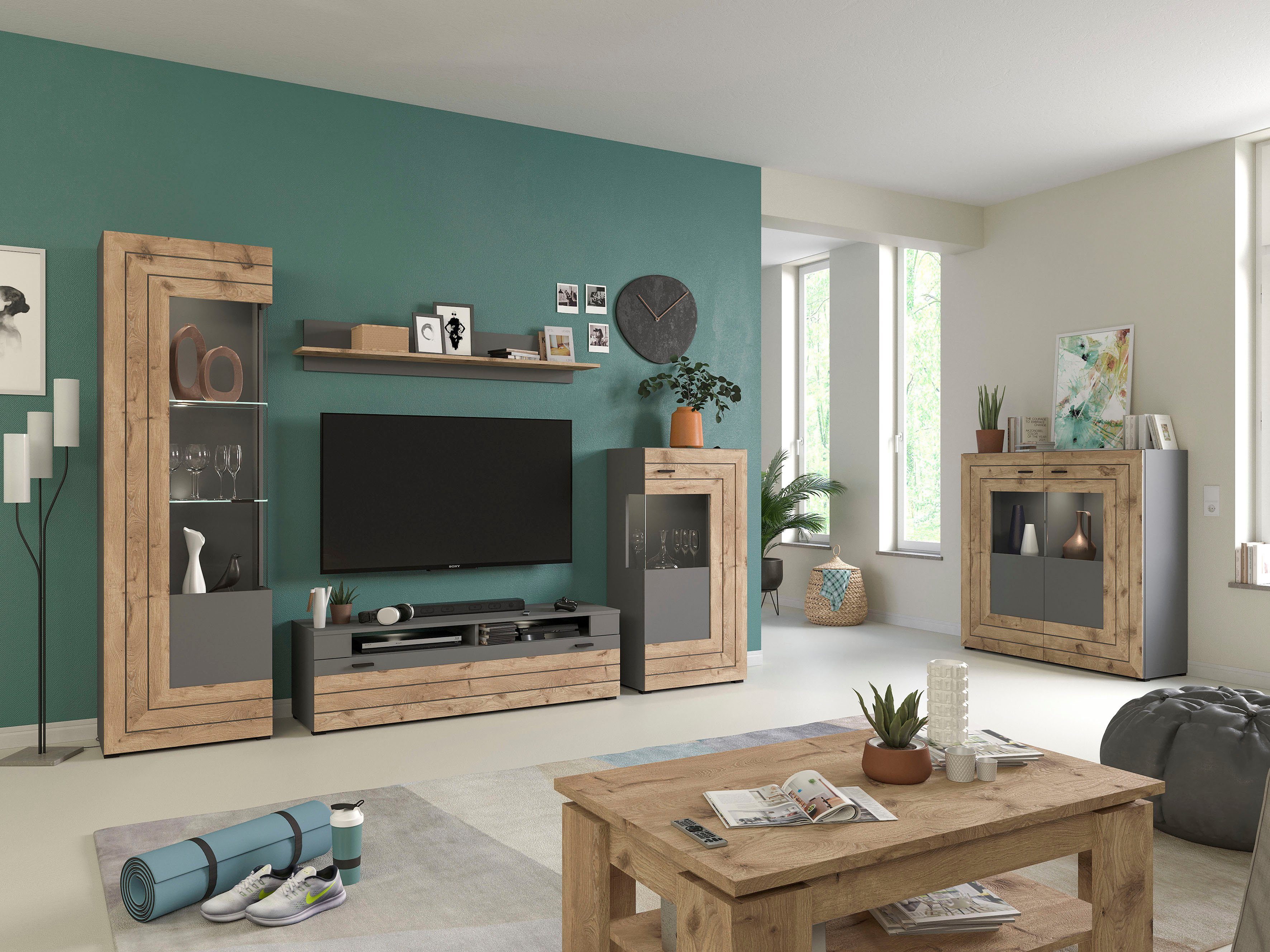 INOSIGN Highboard Aalborg, hoogte 117 cm, 2 glazen deuren, 6 vakken, 2-kleurig, metalen handgrepen